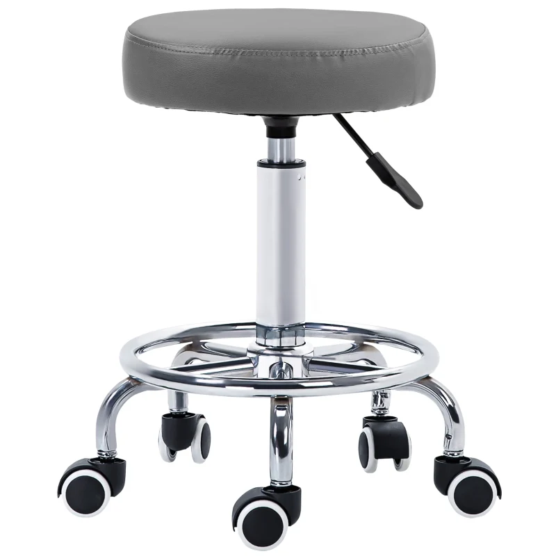 PU Leather Rolling Stool, Height Adjustable with Wheels, Grey - Image 2