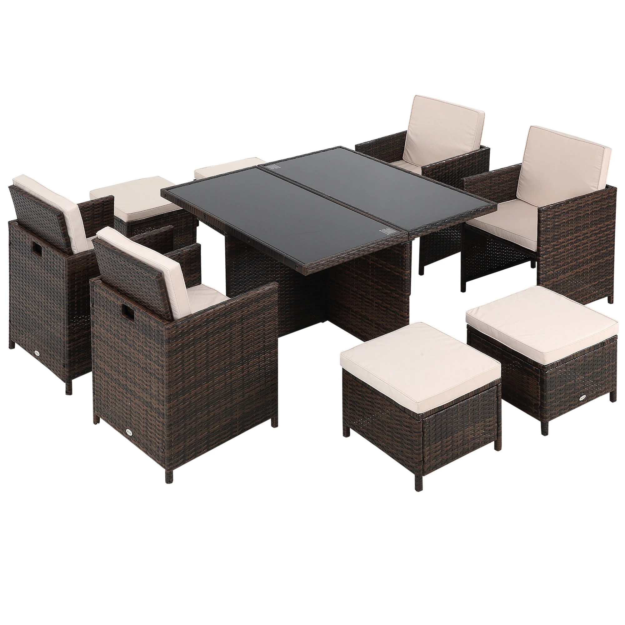Rattan Cube Garden Furniture Set, 8 Seater Dining Set with Square Glass Top Table, Brown Rattan - Image 2