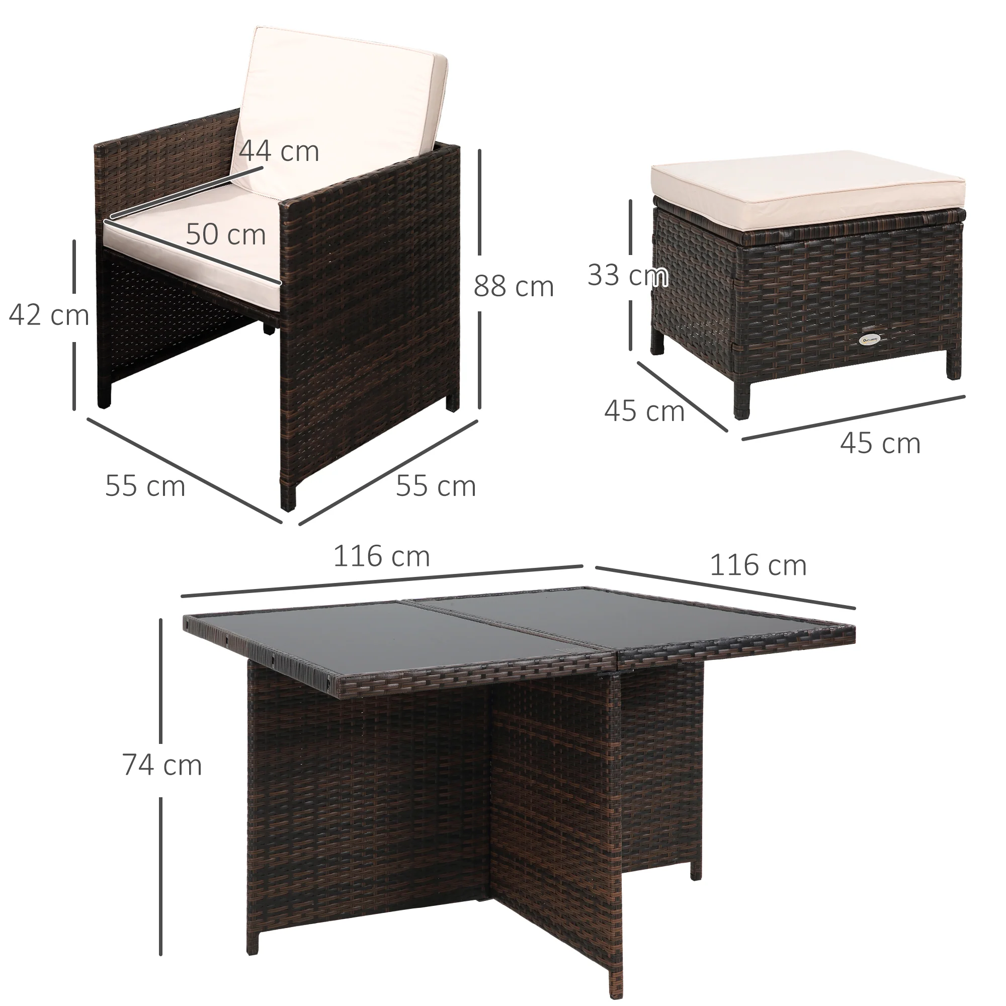 Rattan Cube Garden Furniture Set, 8 Seater Dining Set with Square Glass Top Table, Brown Rattan - Image 3