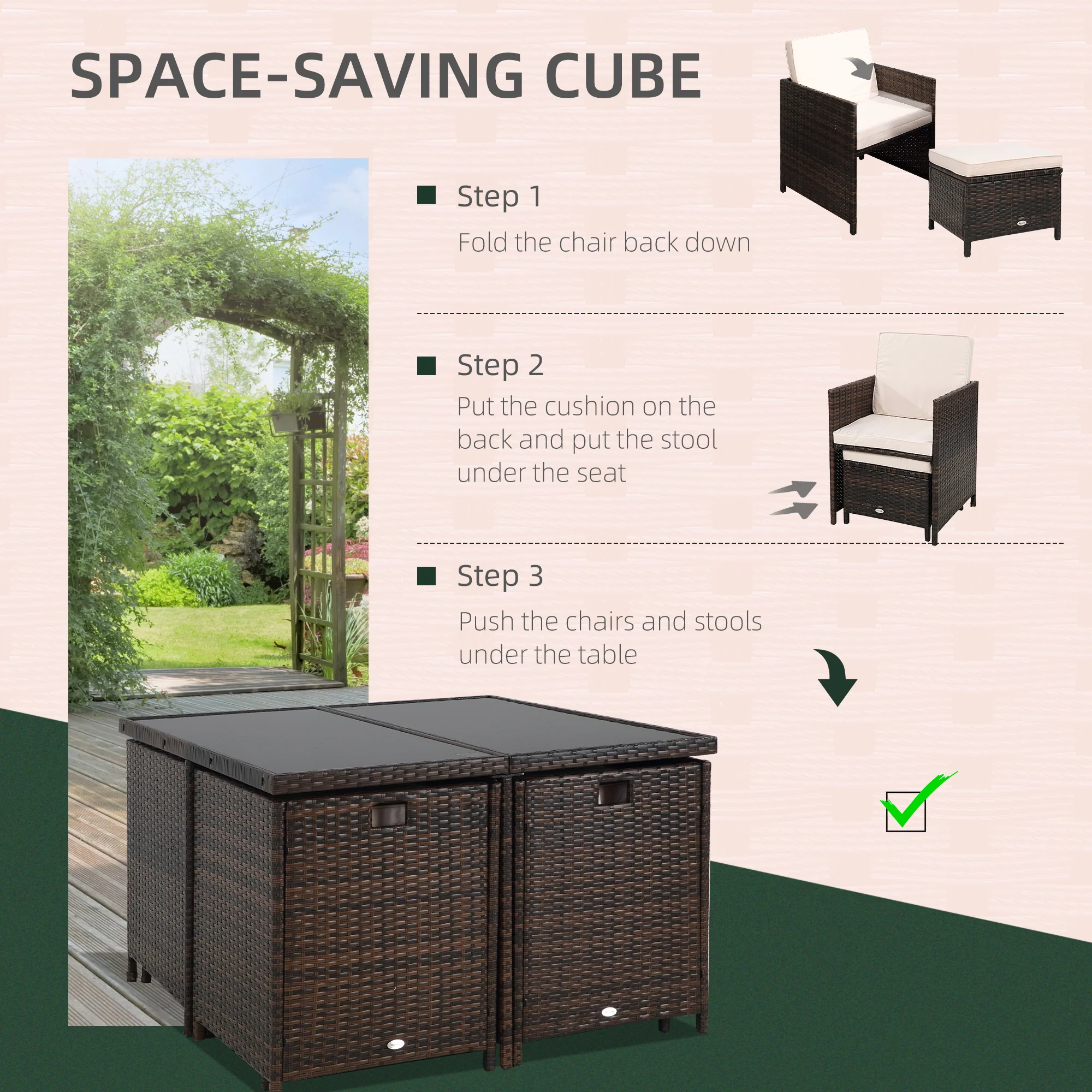 Rattan Cube Garden Furniture Set, 8 Seater Dining Set with Square Glass Top Table, Brown Rattan - Image 6