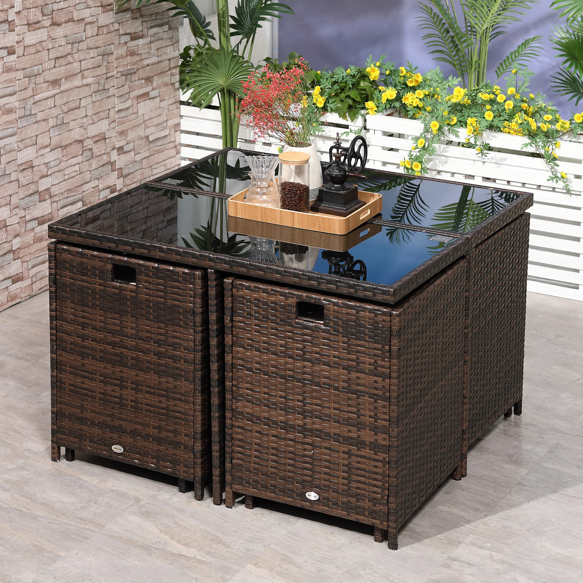 Rattan Cube Garden Furniture Set, 8 Seater Dining Set with Square Glass Top Table, Brown Rattan - Image 7