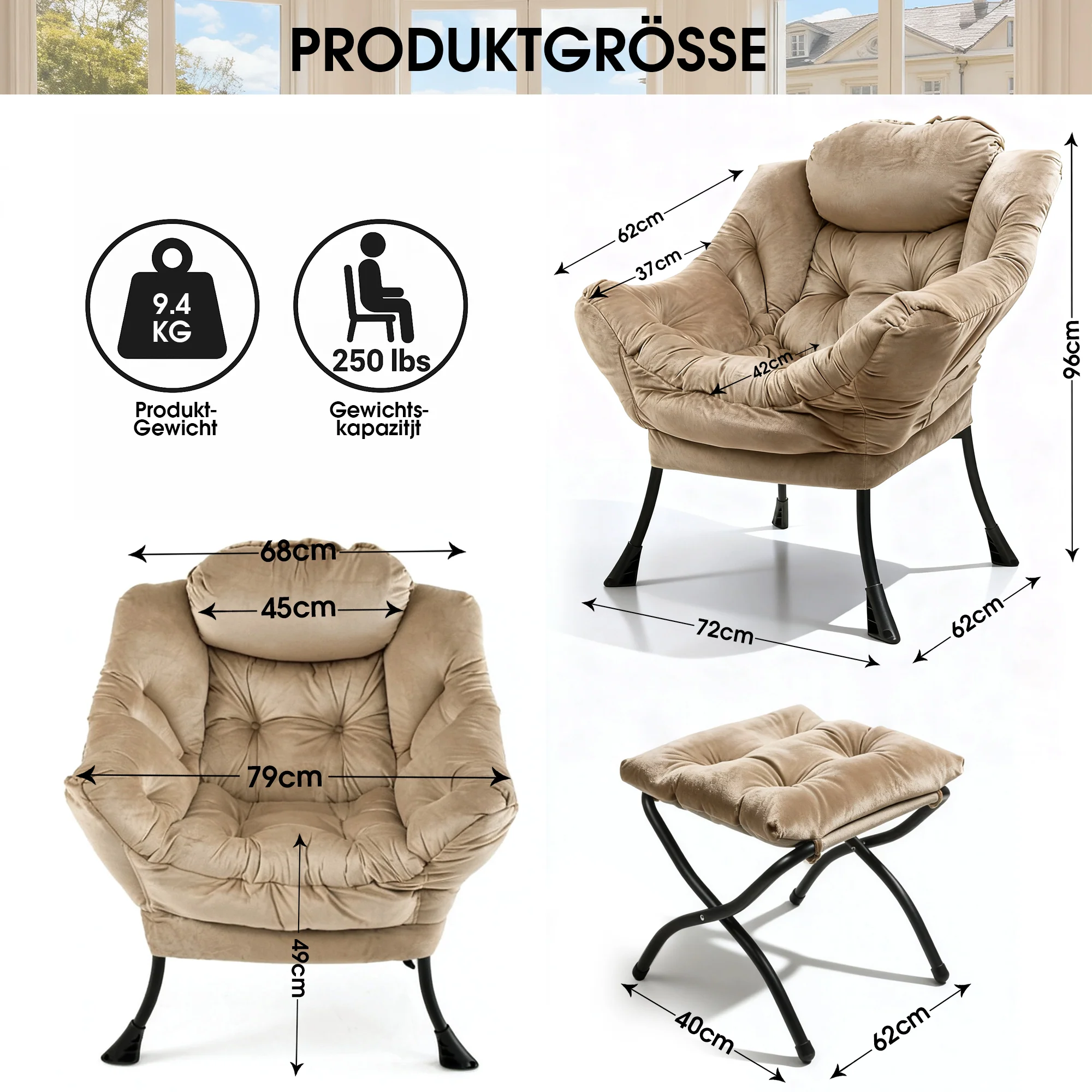 Recliner Armchair with Footstool & Side Pocket - Khaki - Image 4