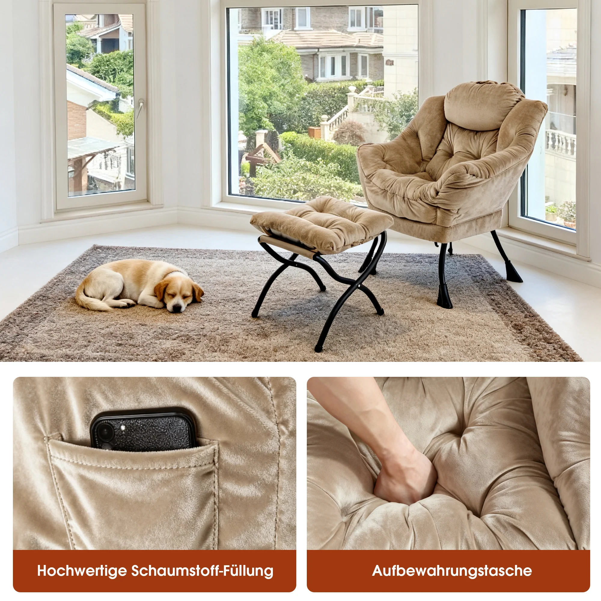 Recliner Armchair with Footstool & Side Pocket - Khaki - Image 5