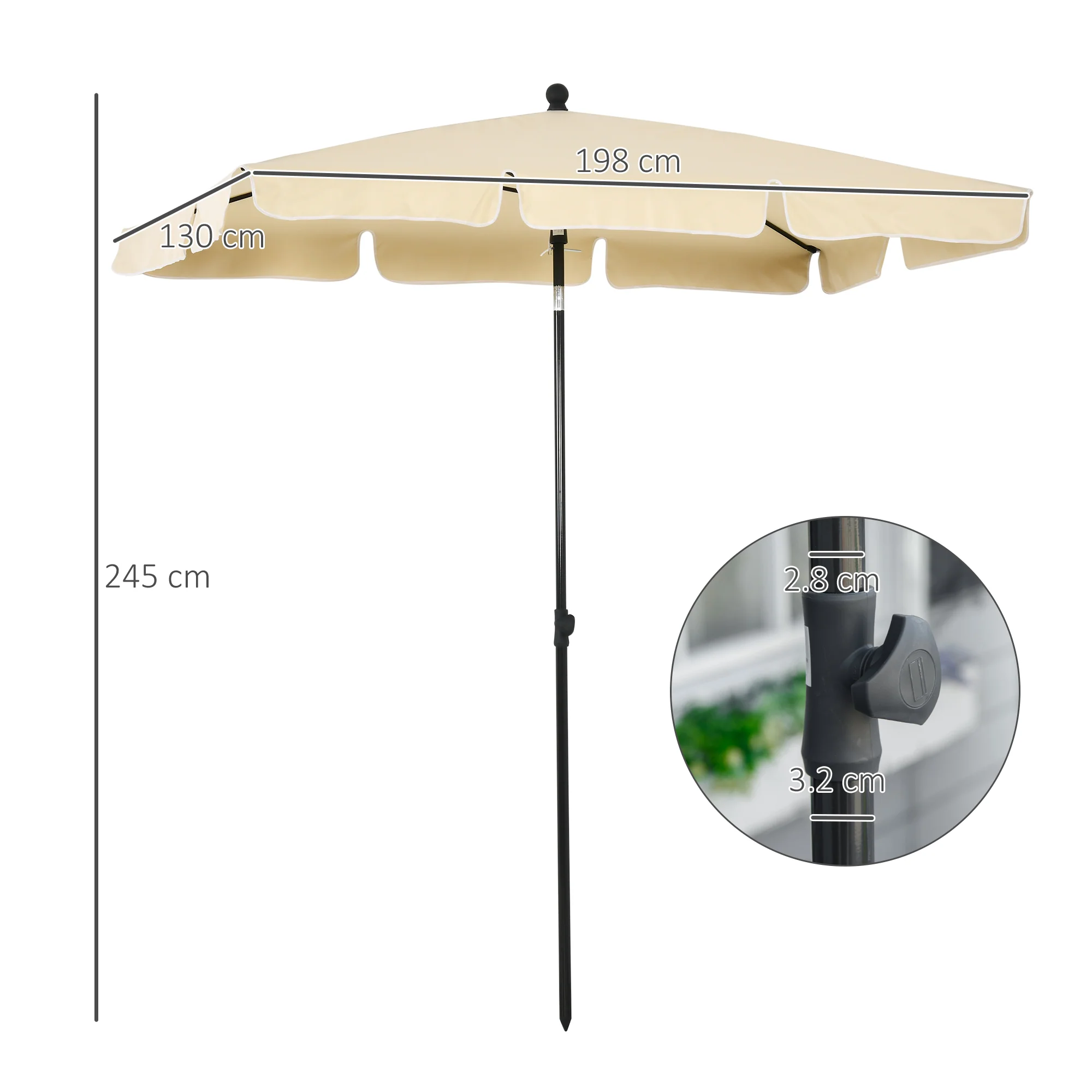 Rectangular Parasol, Patio Umbrella with Tilt 2M x 1.25M, Beige Aluminium - Image 3