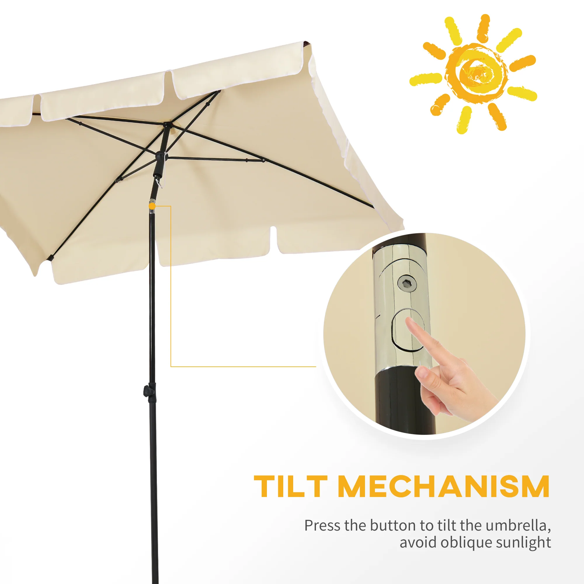 Rectangular Parasol, Patio Umbrella with Tilt 2M x 1.25M, Beige Aluminium - Image 4