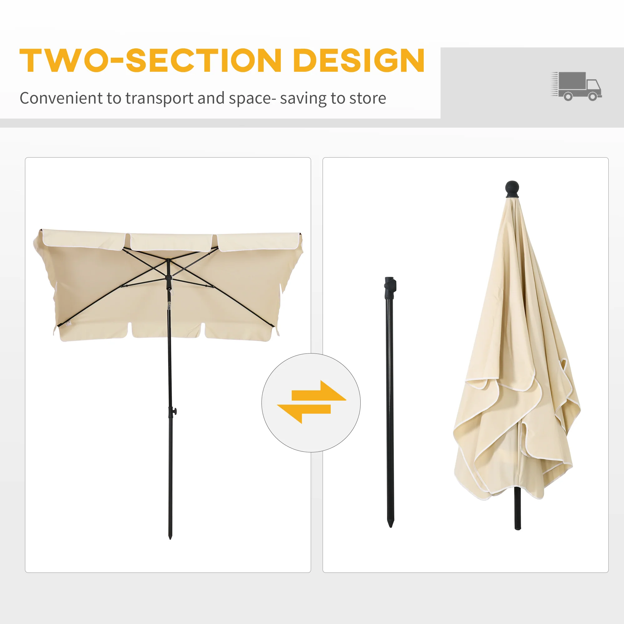 Rectangular Parasol, Patio Umbrella with Tilt 2M x 1.25M, Beige Aluminium - Image 5