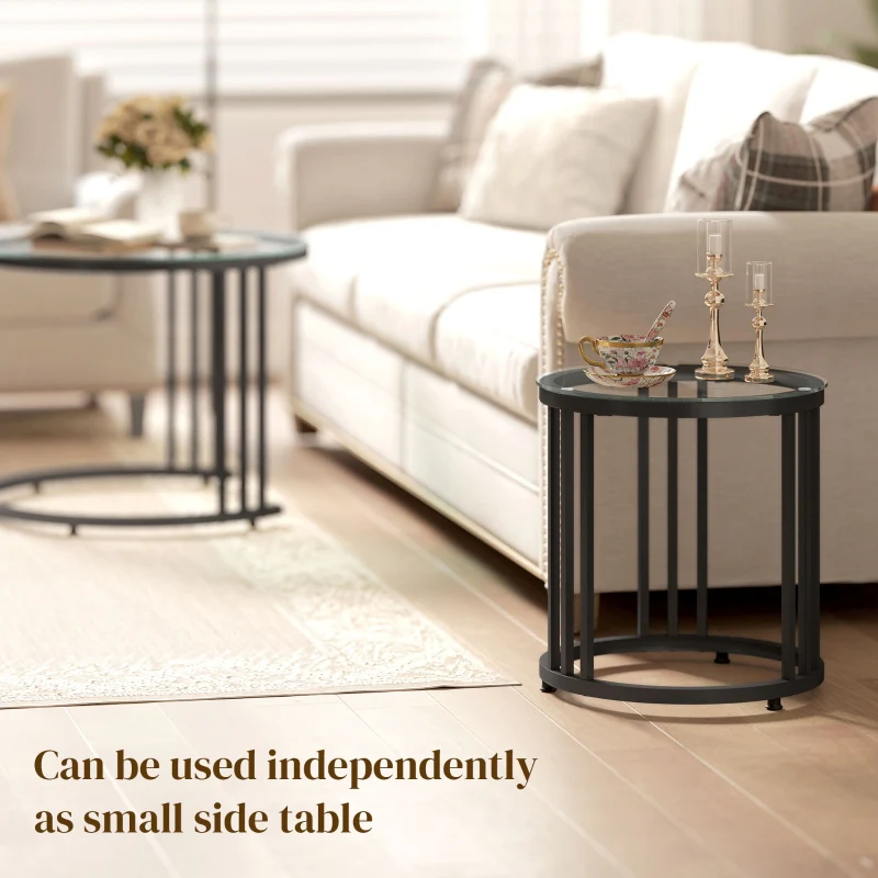 Round Coffee Tables Set of 2 Nesting Tempered Glass Top, Black - Image 6