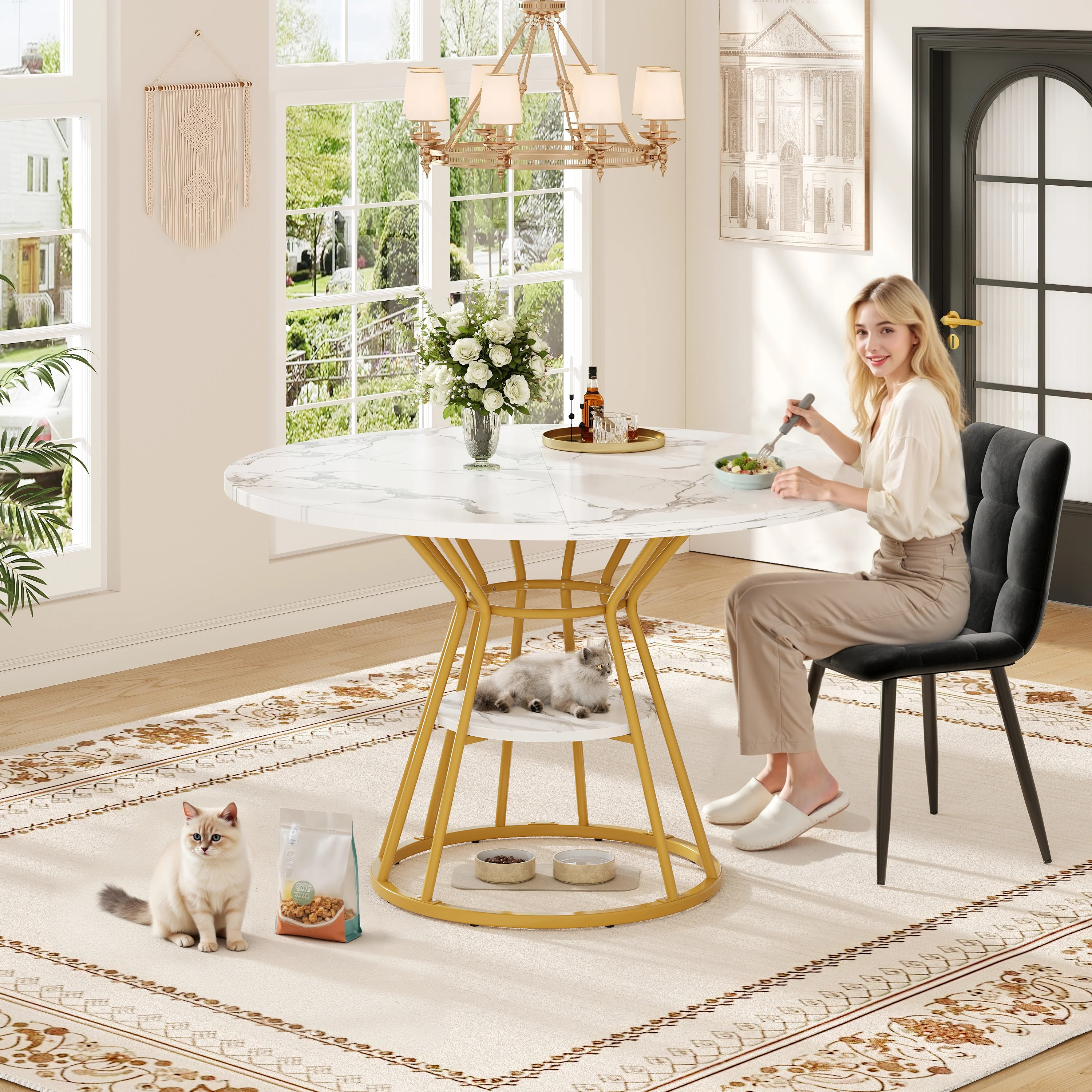 Round Dining Table, Metal Legs Marble Pattern, Gold/Black