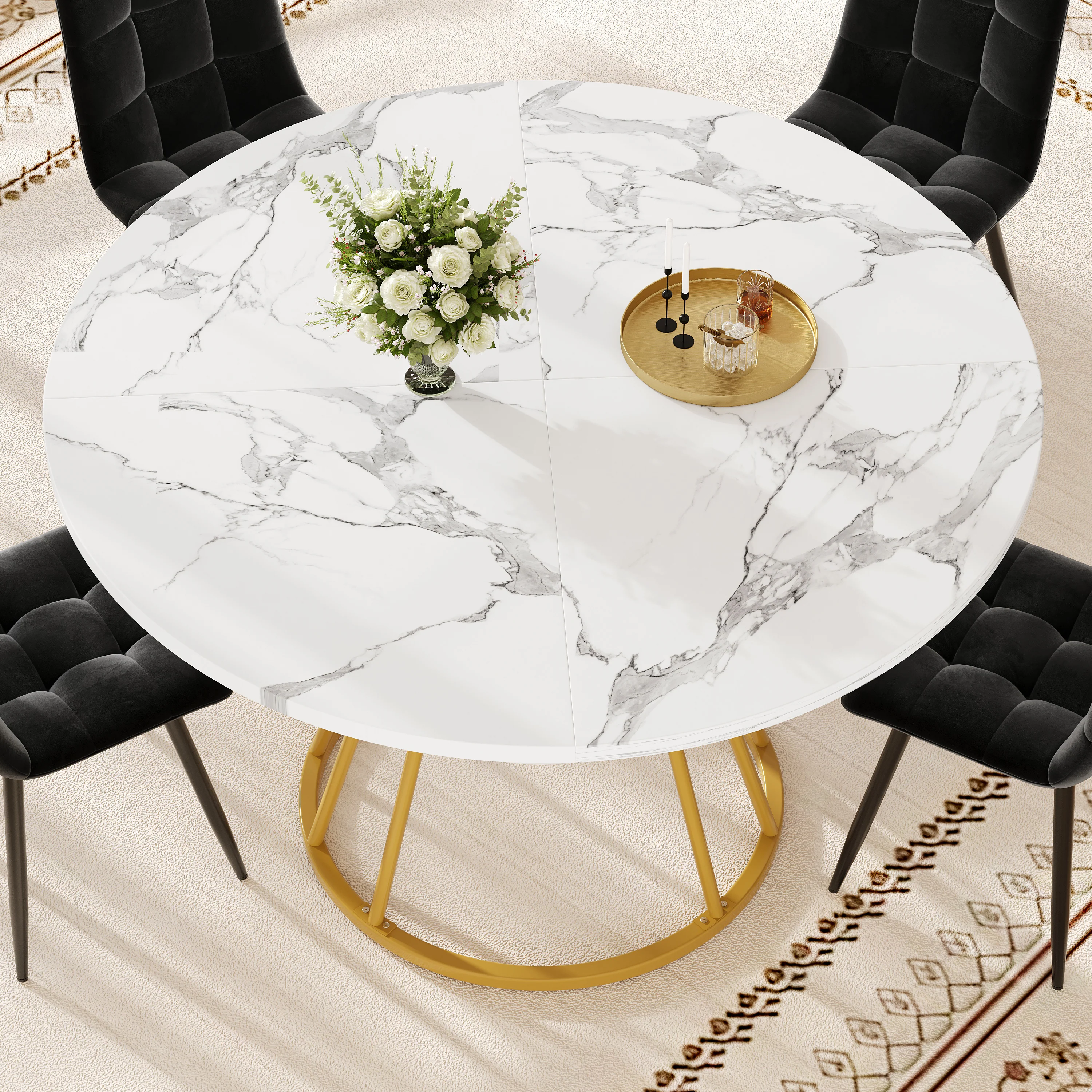 Round Dining Table, Metal Legs Marble Pattern, Gold/Black - Image 3