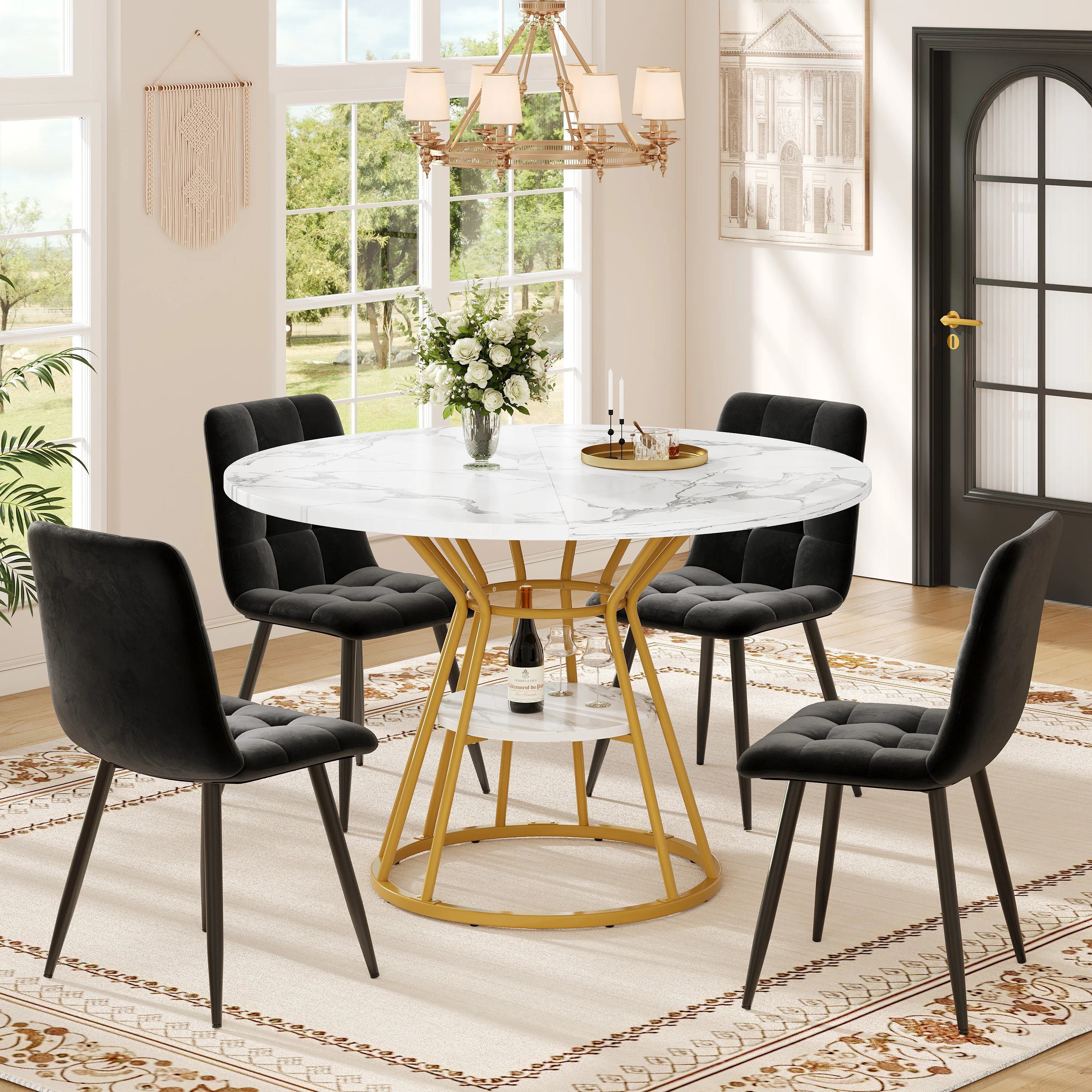 Round Dining Table, Metal Legs Marble Pattern, Gold/Black - Image 4