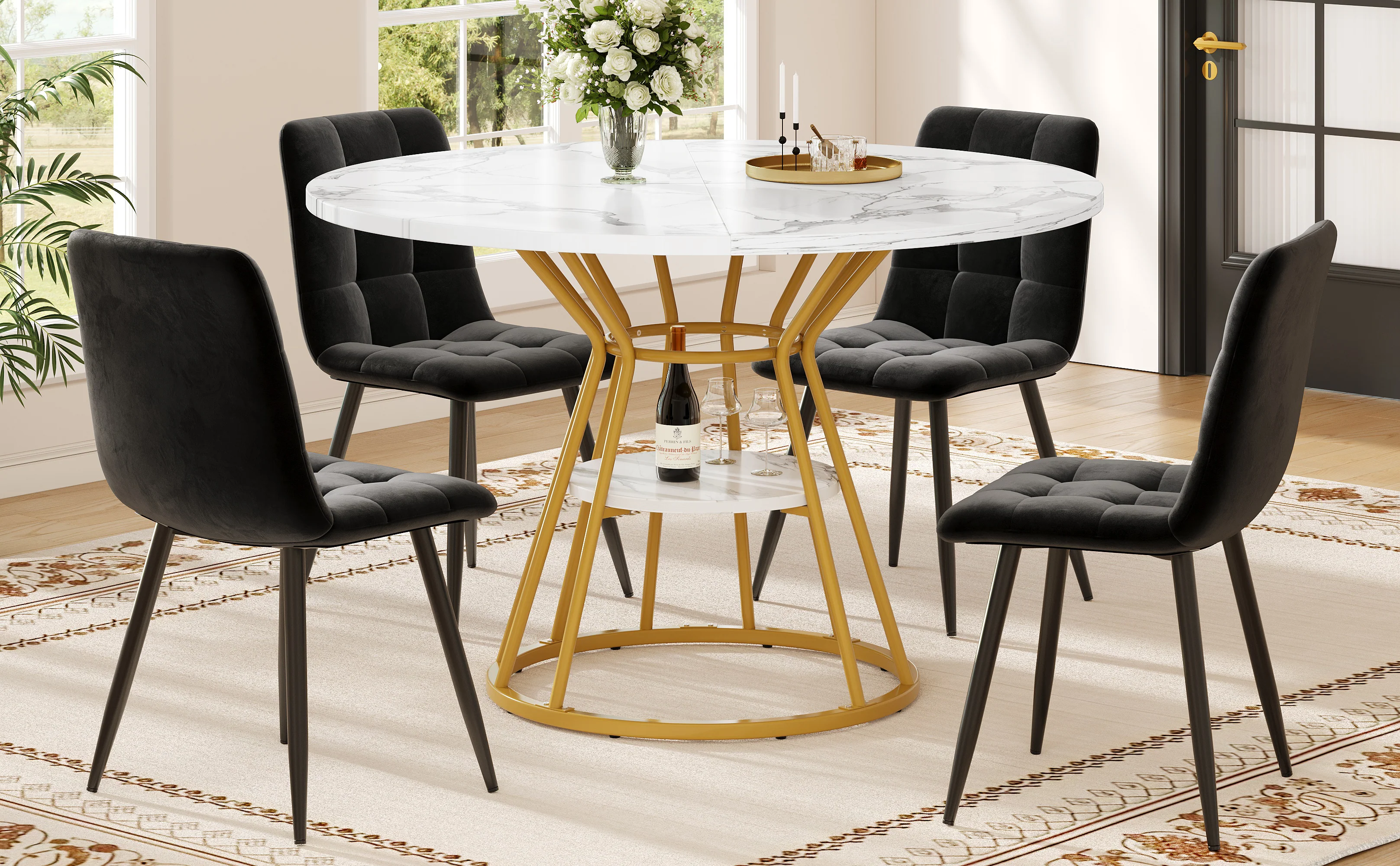 Round Dining Table, Metal Legs Marble Pattern, Gold/Black - Image 5