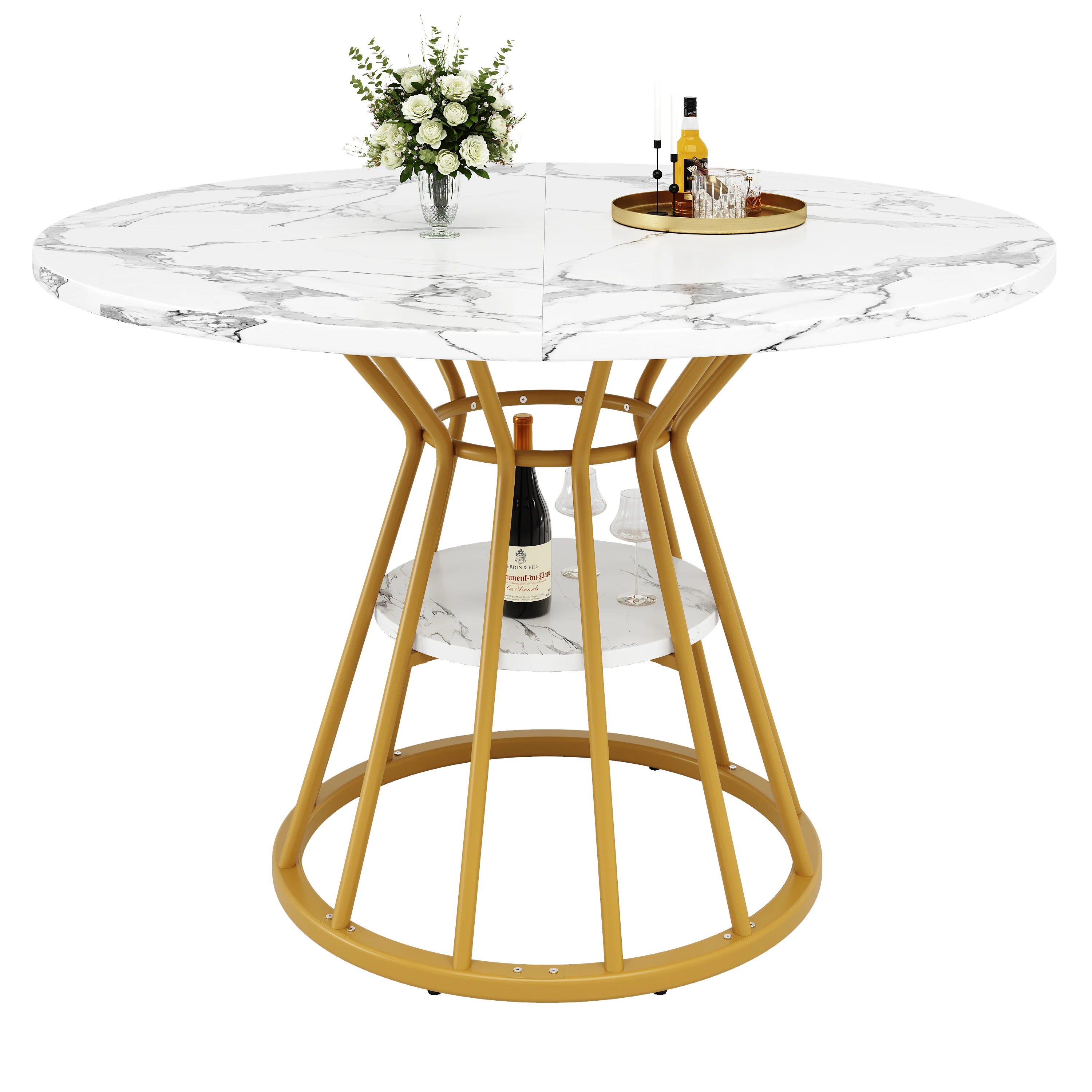Round Dining Table, Metal Legs Marble Pattern, Gold/Black - Image 6