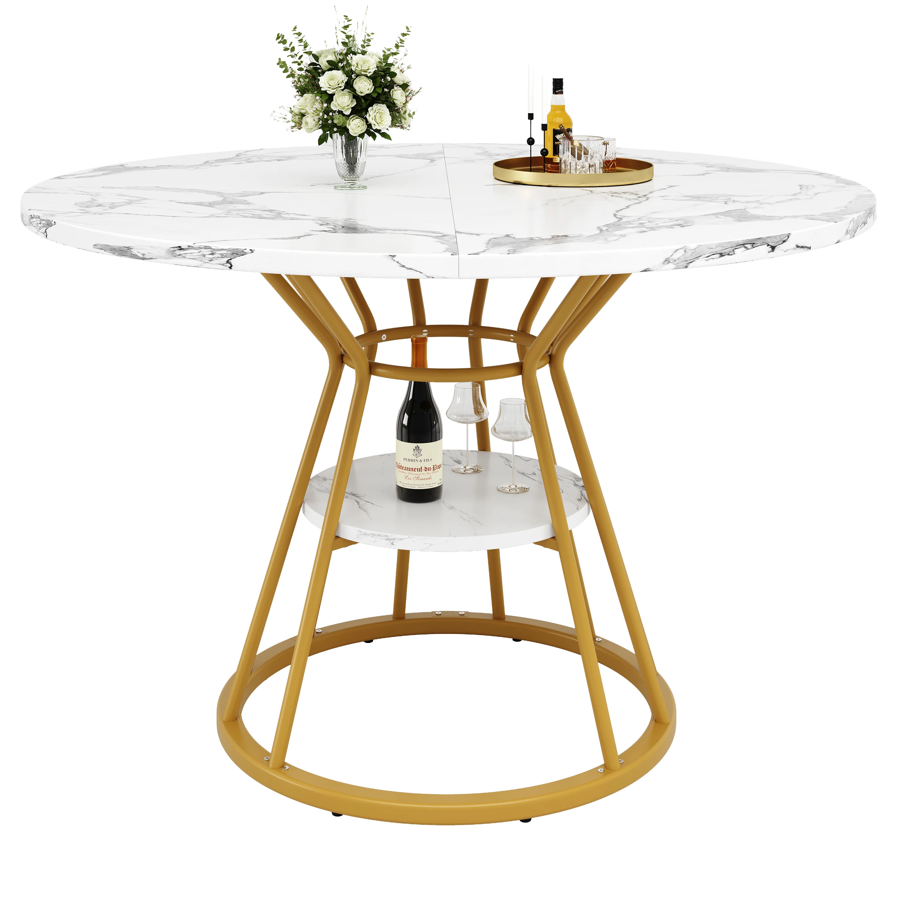 Round Dining Table, Metal Legs Marble Pattern, Gold/Black - Image 7