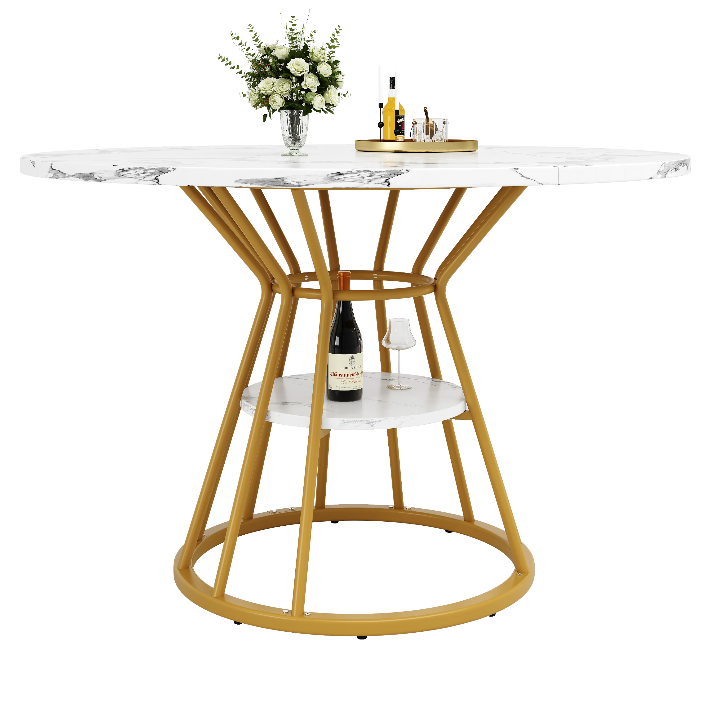 Round Dining Table, Metal Legs Marble Pattern, Gold/Black - Image 8
