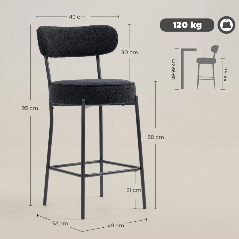 Set of 2 Bar Stools Upholstered Seat Footrest Fleece Cover - Black - Image 3