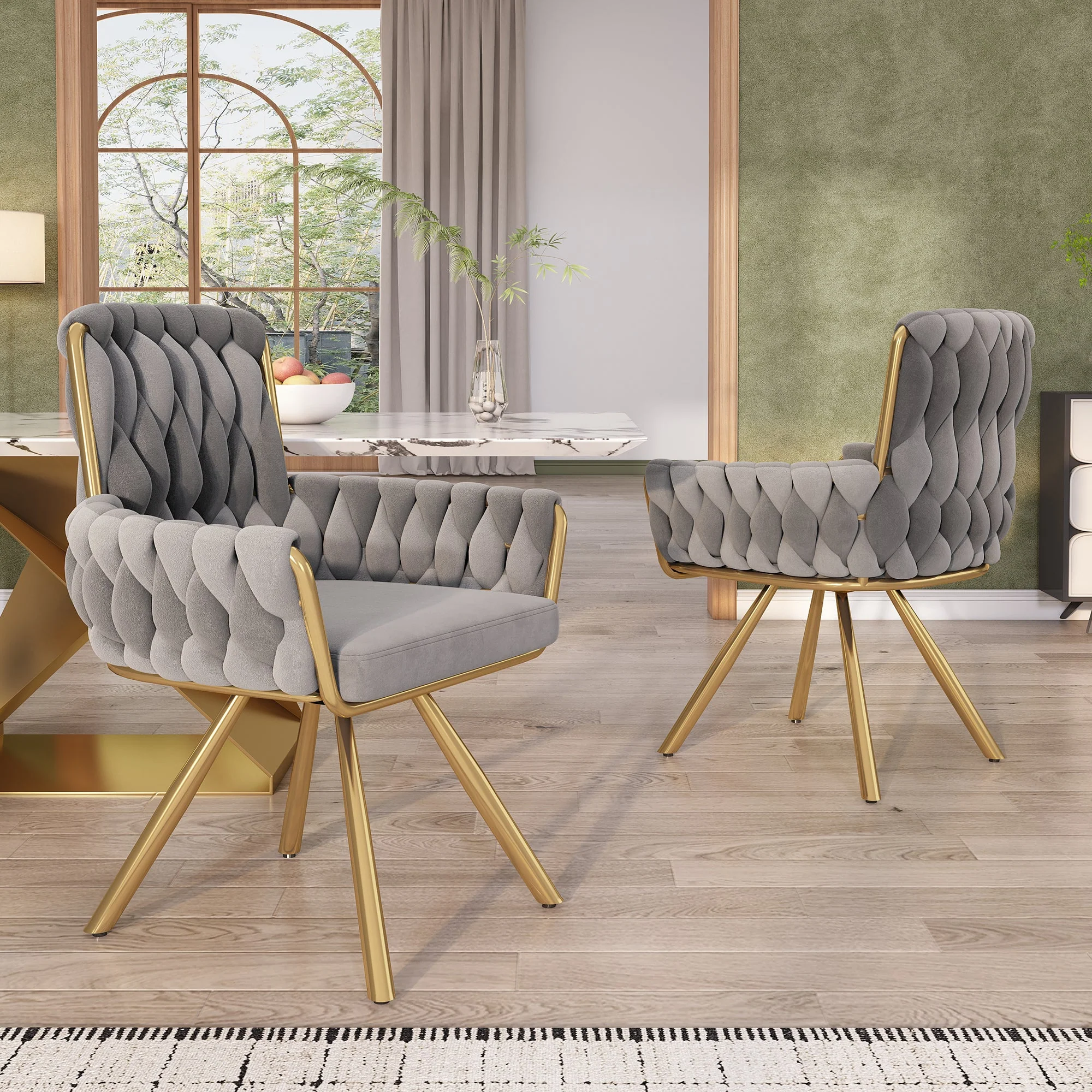 Set of 2, velvet dining chair, Armchair, single luxurious living room and bedroom swivel chair, Leisure swivel chair with four metal support legs, Gray