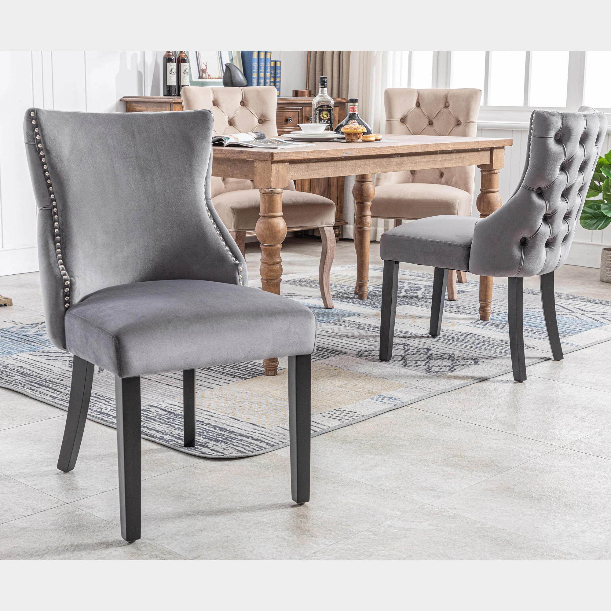 Set of 4 Dining Chairs, Button Tufted 4-Leg Solid Wood Frame, Grey Velvet - Image 4