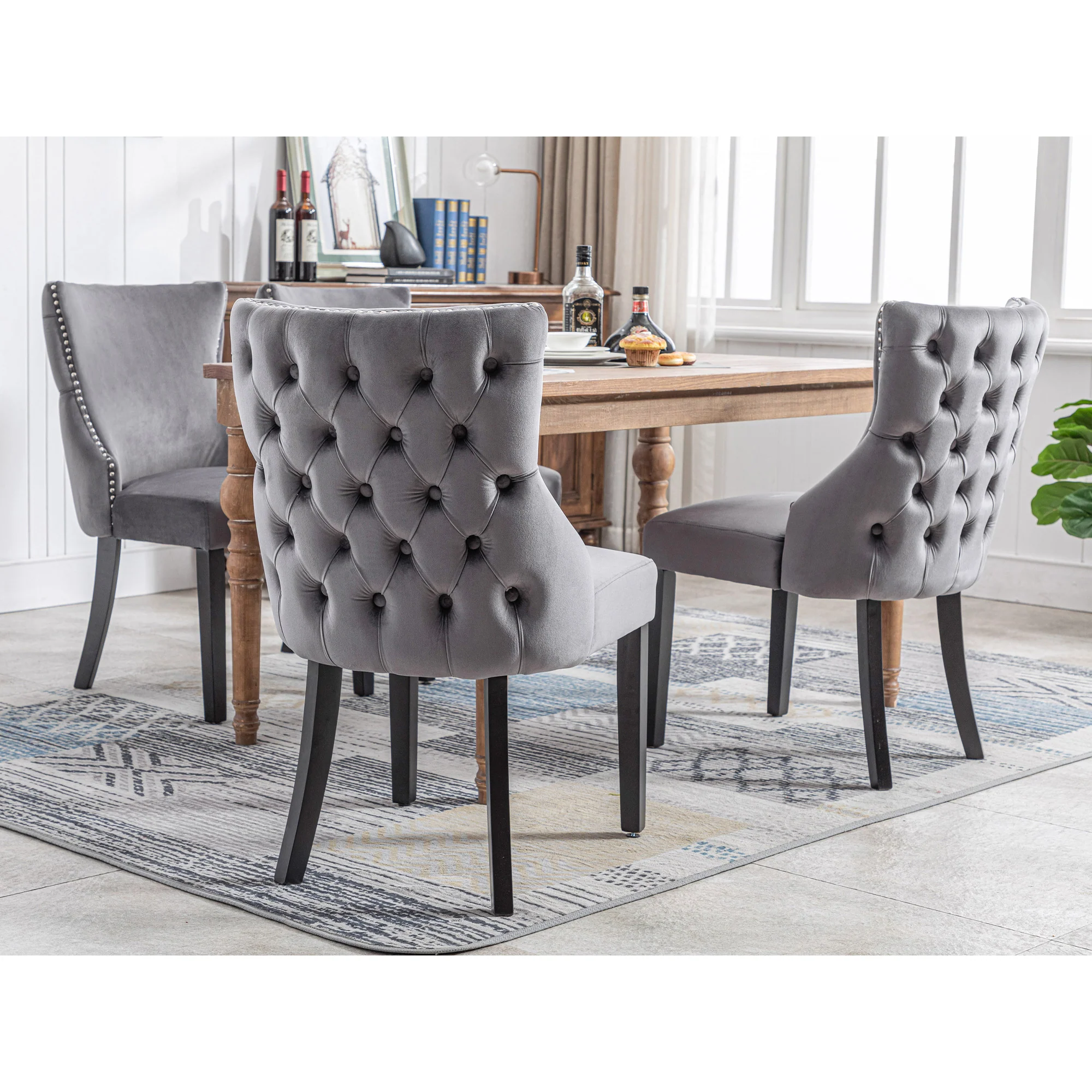 Set of 4 Dining Chairs, Button Tufted 4-Leg Solid Wood Frame, Grey Velvet - Image 5