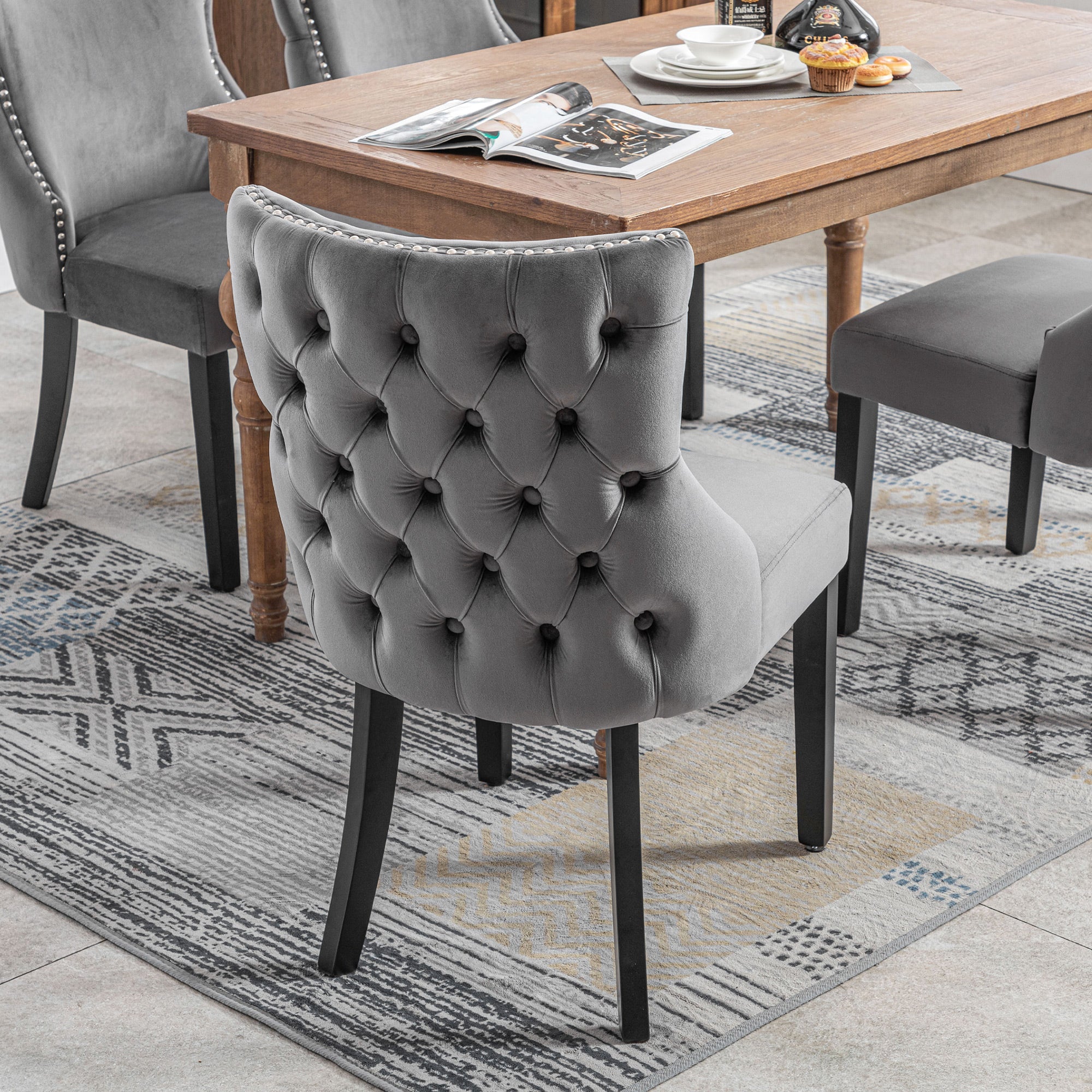 Set of 4 Dining Chairs, Button Tufted 4-Leg Solid Wood Frame, Grey Velvet - Image 6