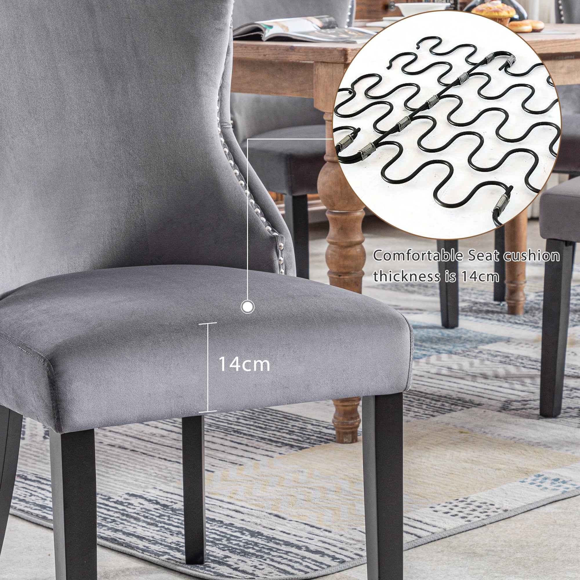 Set of 4 Dining Chairs, Button Tufted 4-Leg Solid Wood Frame, Grey Velvet - Image 8