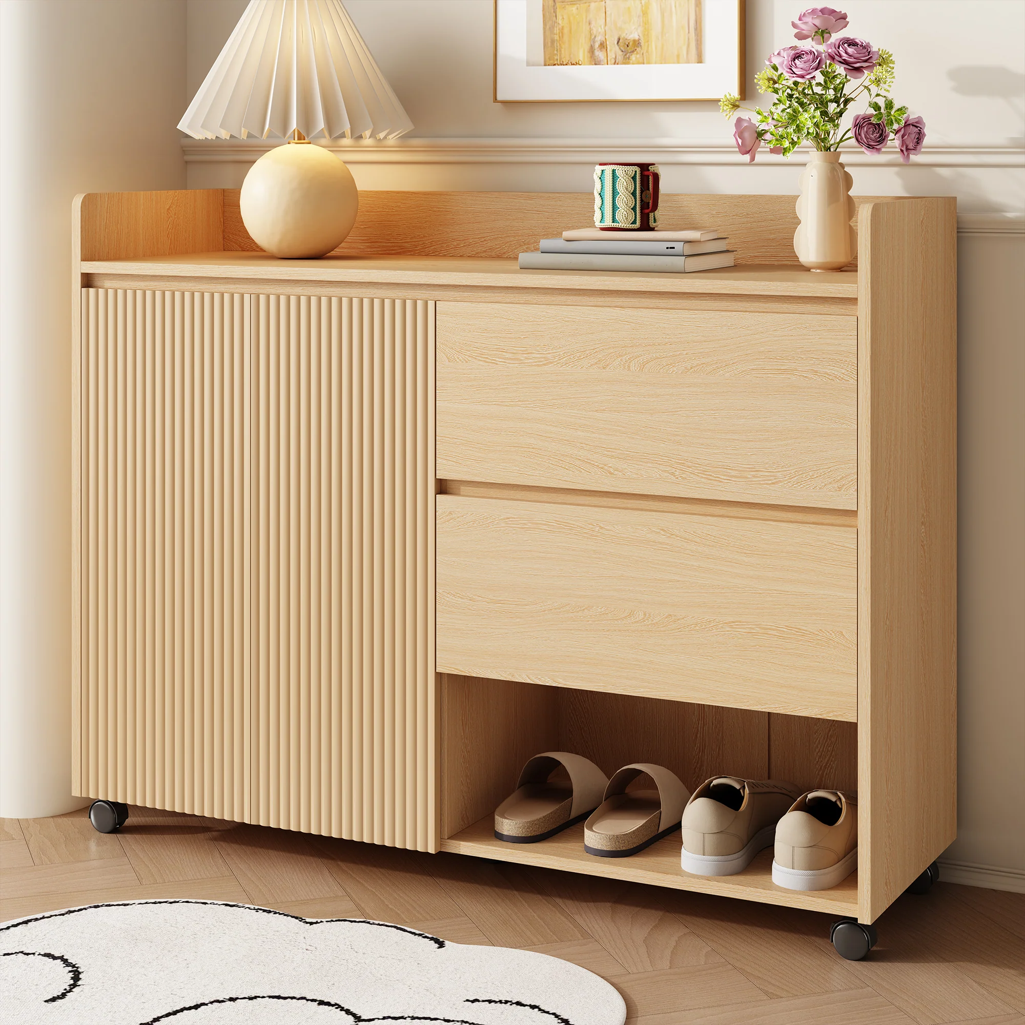 Shoe Cabinet, Movable with Adjustable Shelves, Soft-Closing Hinge, Natural MDF - Image 10