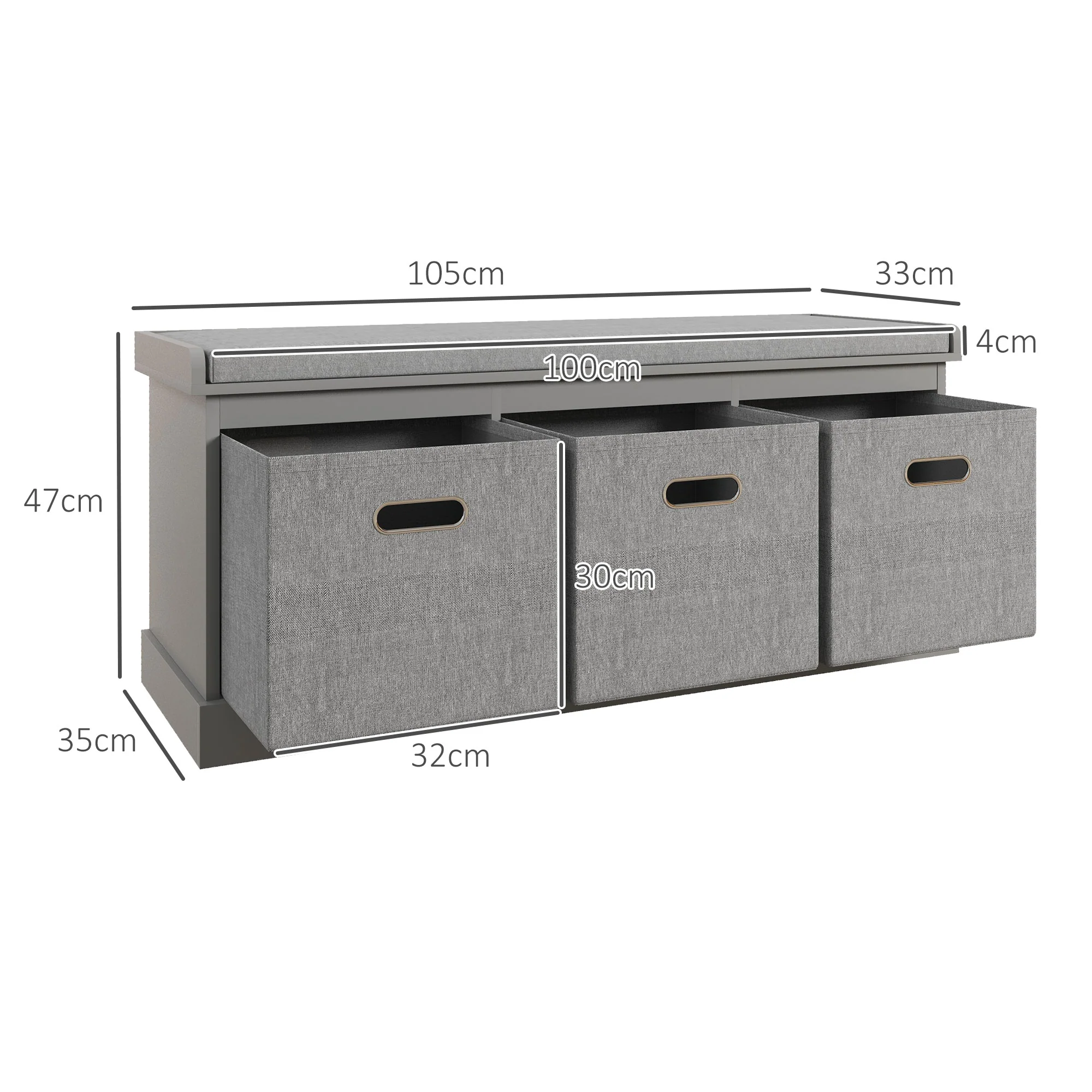 Shoe Storage Bench Three-Drawer Padded Top Grey - Image 3