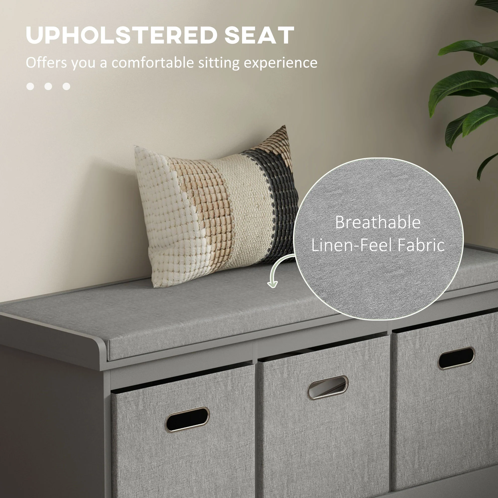 Shoe Storage Bench Three-Drawer Padded Top Grey - Image 4