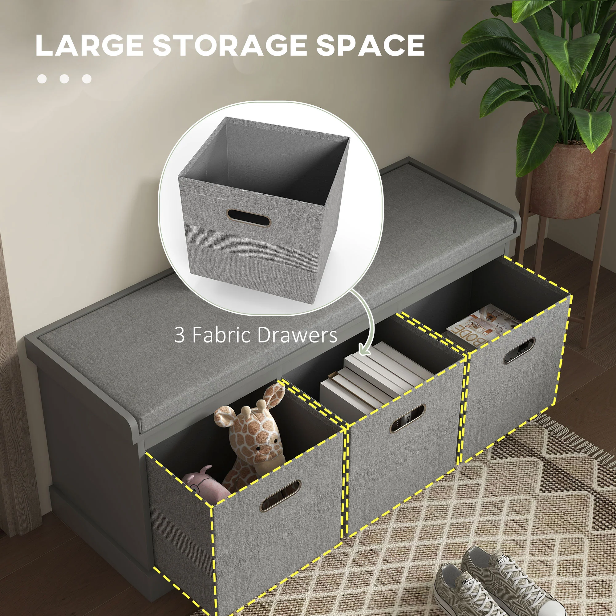 Shoe Storage Bench Three-Drawer Padded Top Grey - Image 5