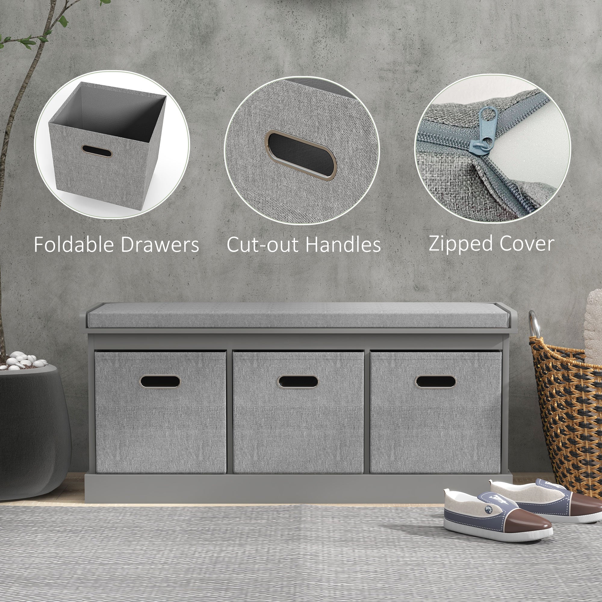 Shoe Storage Bench Three-Drawer Padded Top Grey - Image 6