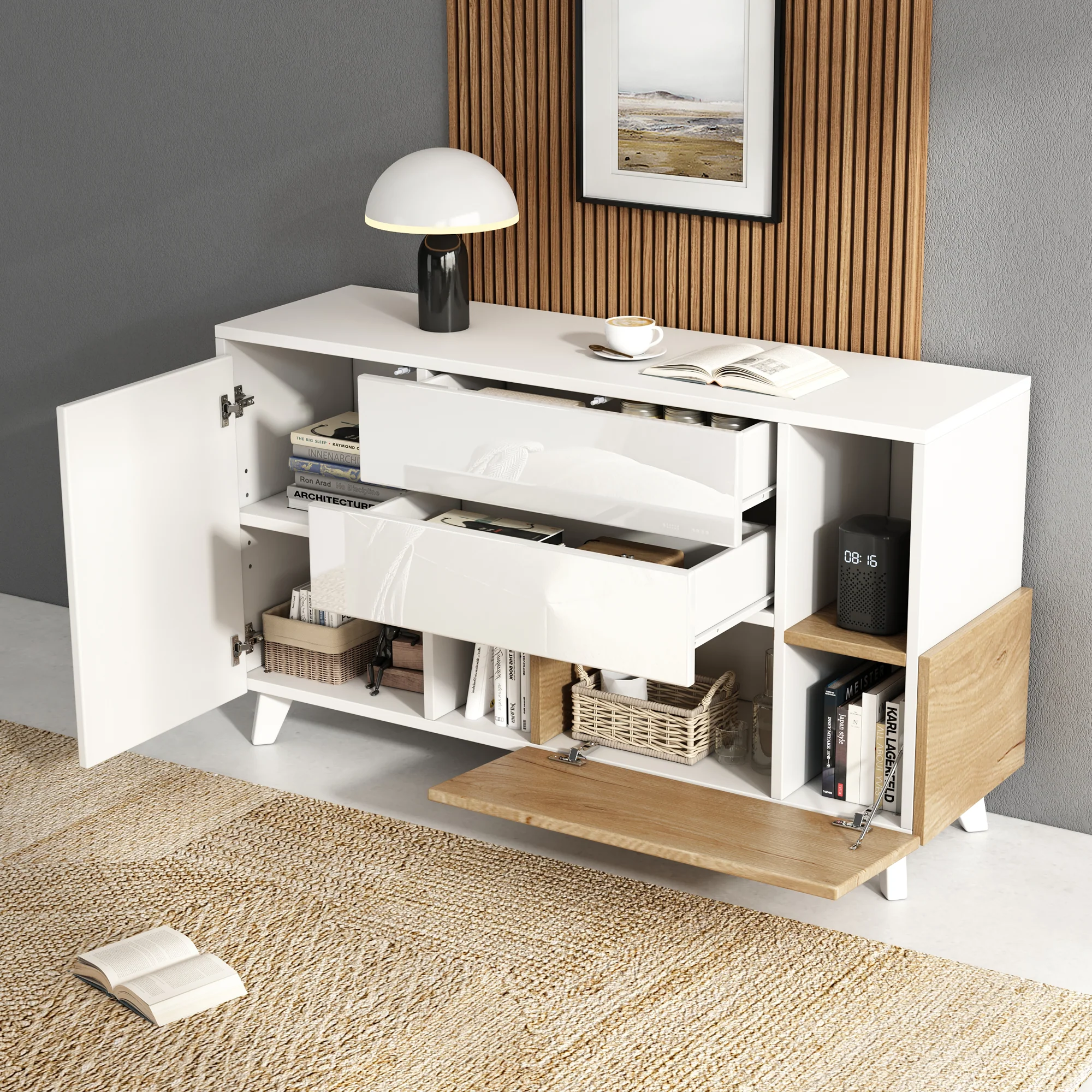 Sideboard, Storage, High-Gloss White Wood - Image 2