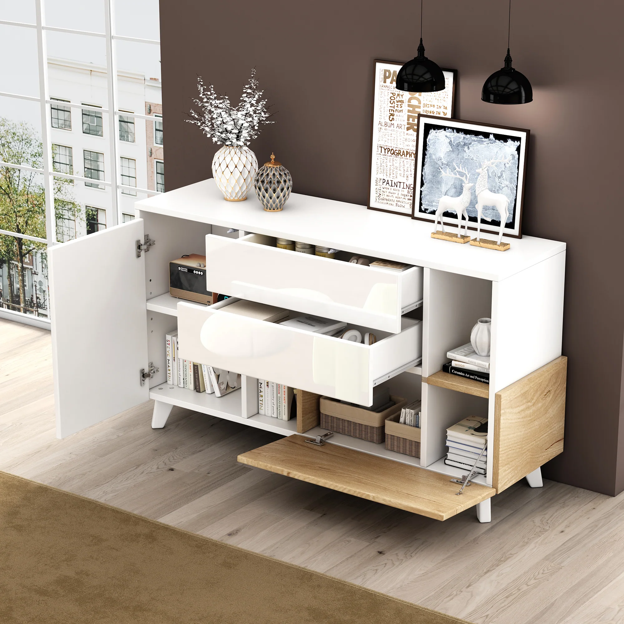 Sideboard, Storage, High-Gloss White Wood - Image 3