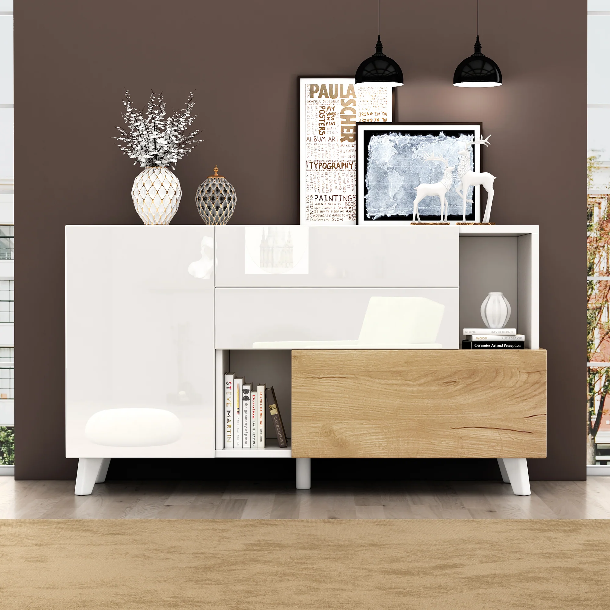 Sideboard, Storage, High-Gloss White Wood - Image 4