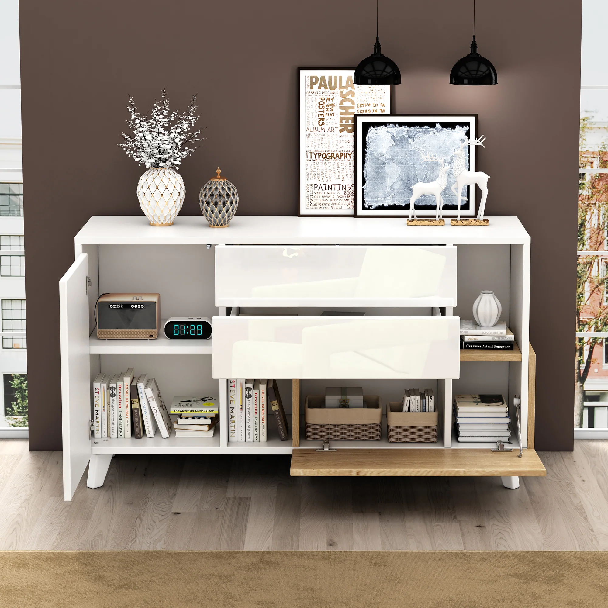 Sideboard, Storage, High-Gloss White Wood - Image 5