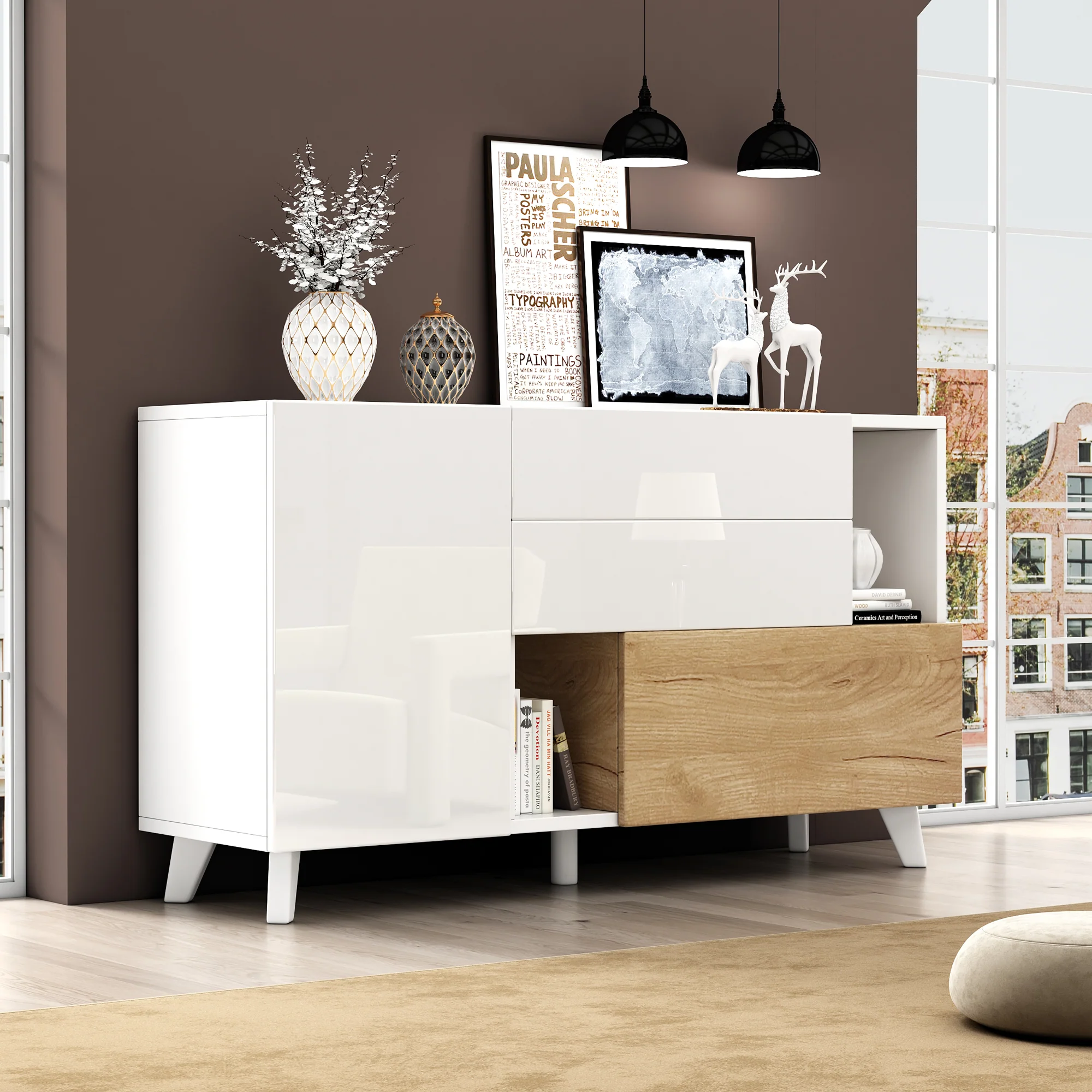 Sideboard, Storage, High-Gloss White Wood - Image 6