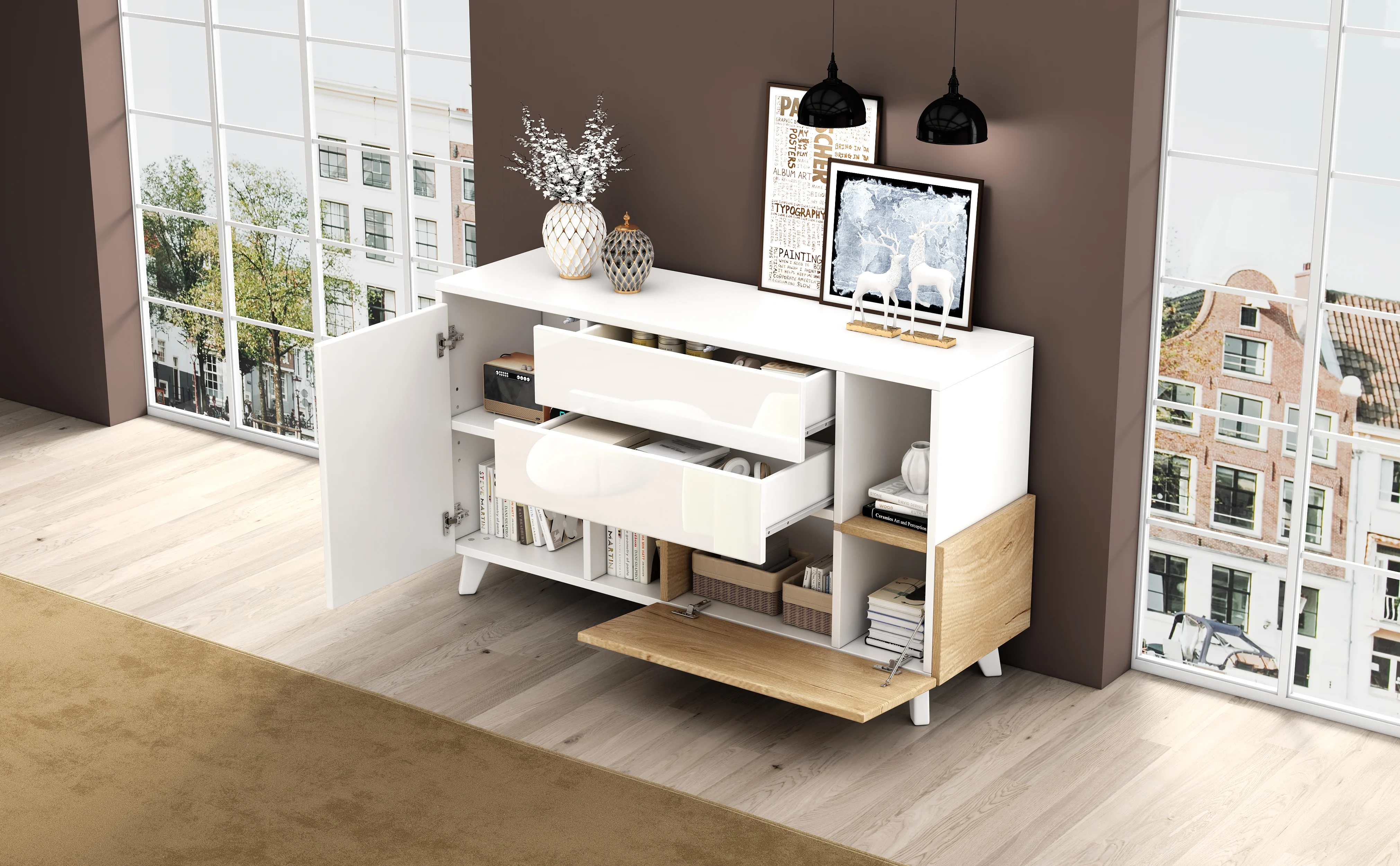 Sideboard, Storage, High-Gloss White Wood - Image 8
