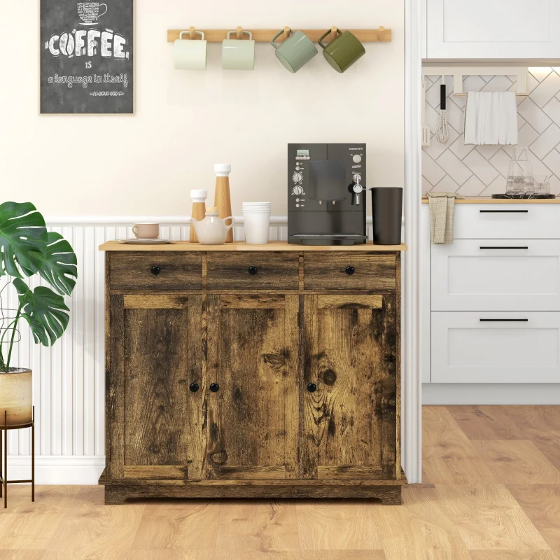 Sideboard with Adjustable Shelves Rubberwood Top, Rustic Brown