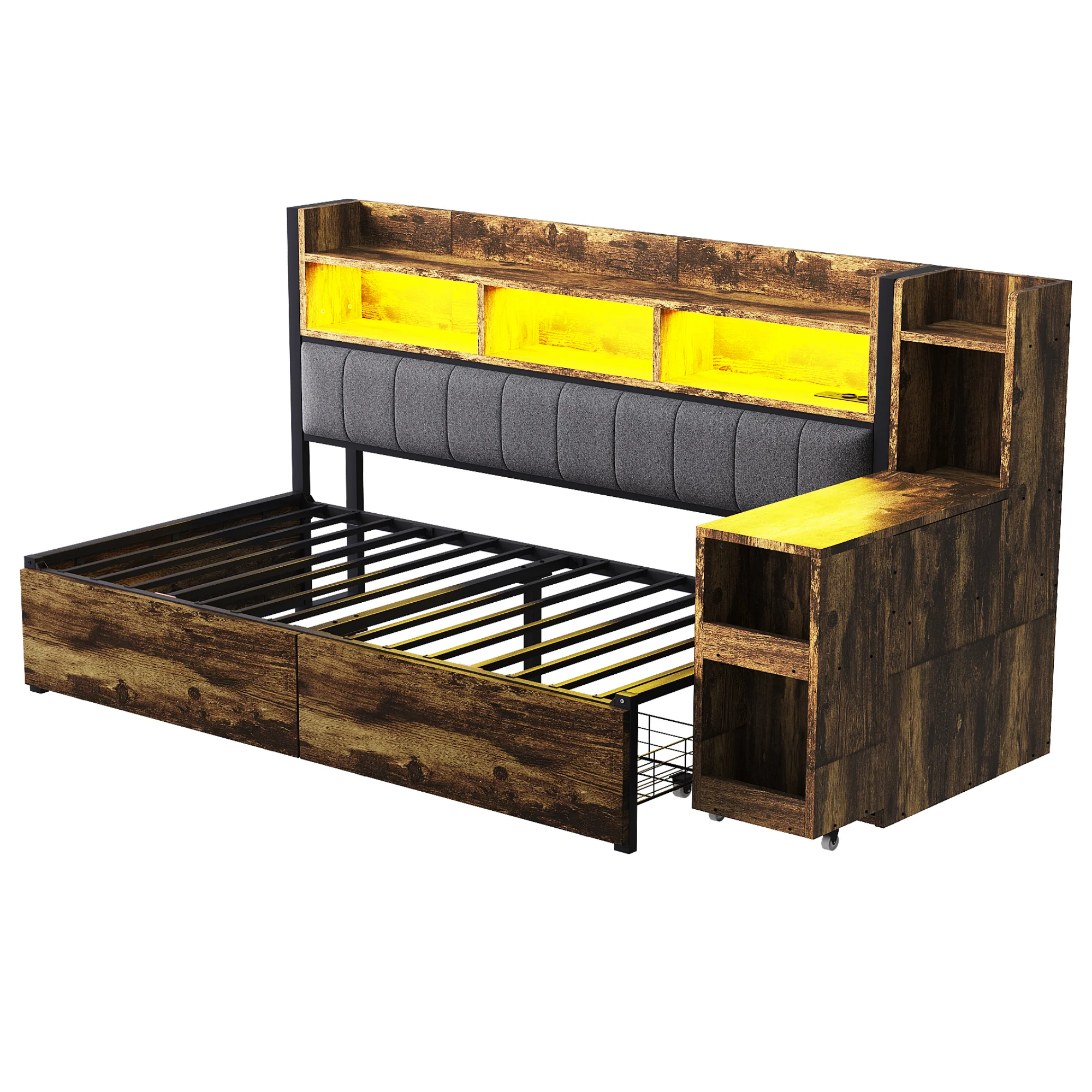 Single Bed with Movable Desk, Storage Drawers and Integrated Outlets, Metal - Image 10
