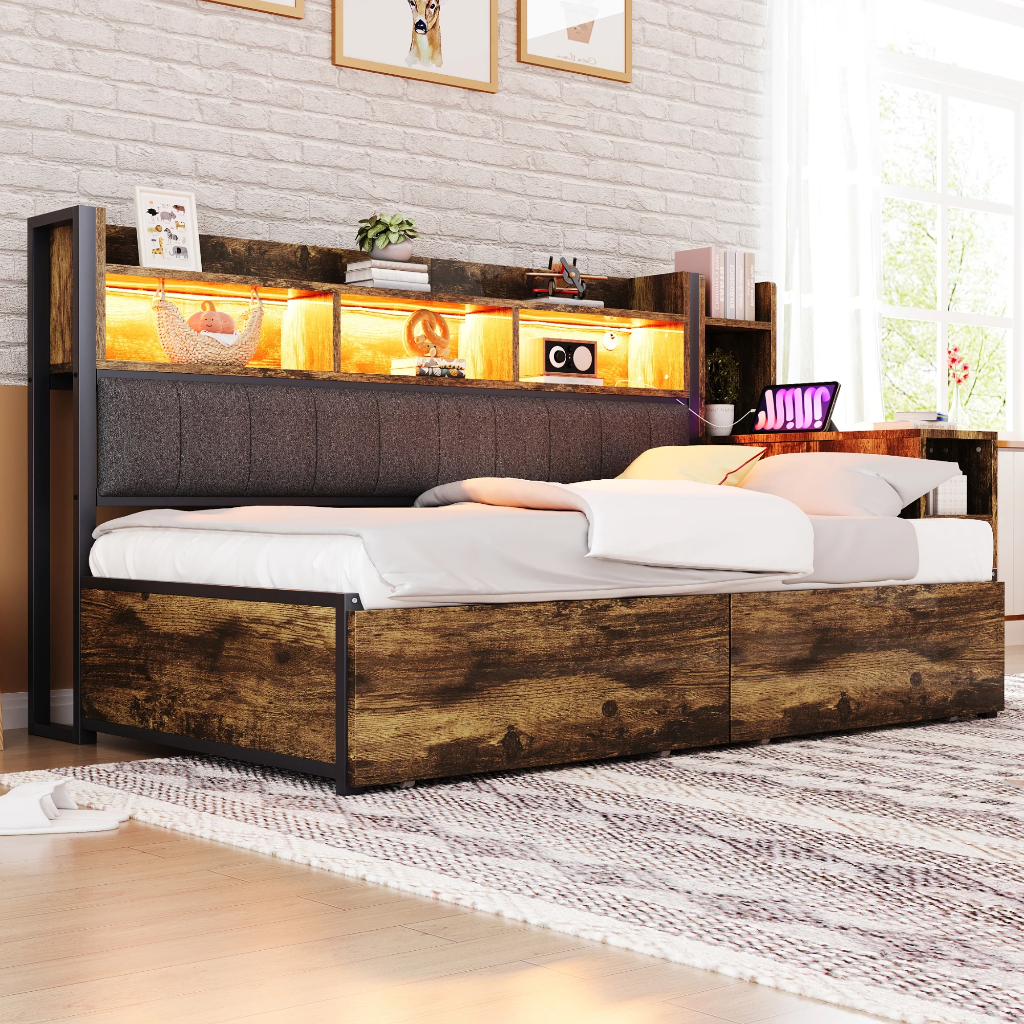 Single Bed with Movable Desk, Storage Drawers and Integrated Outlets, Metal - Image 4