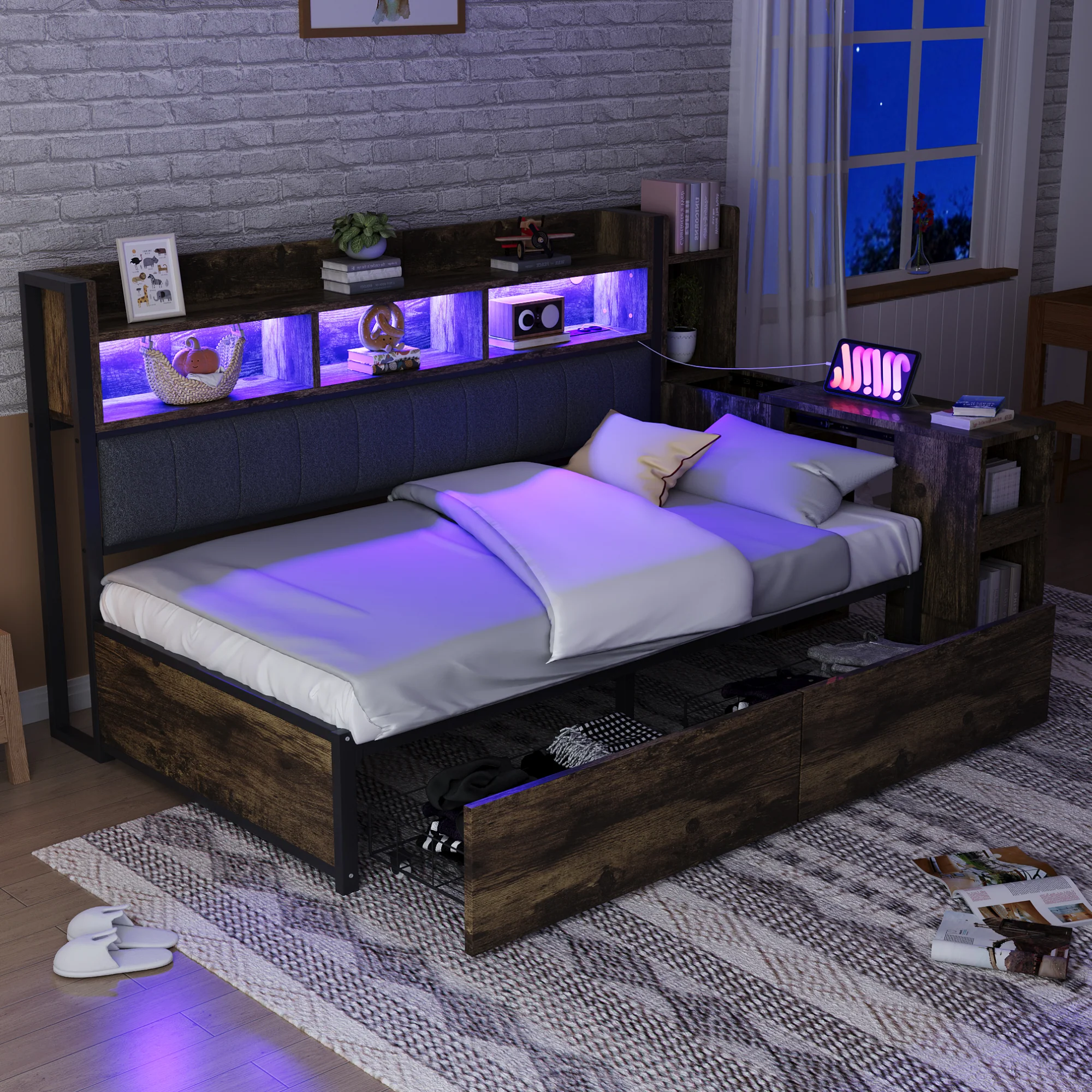 Single Bed with Movable Desk, Storage Drawers and Integrated Outlets, Metal - Image 5