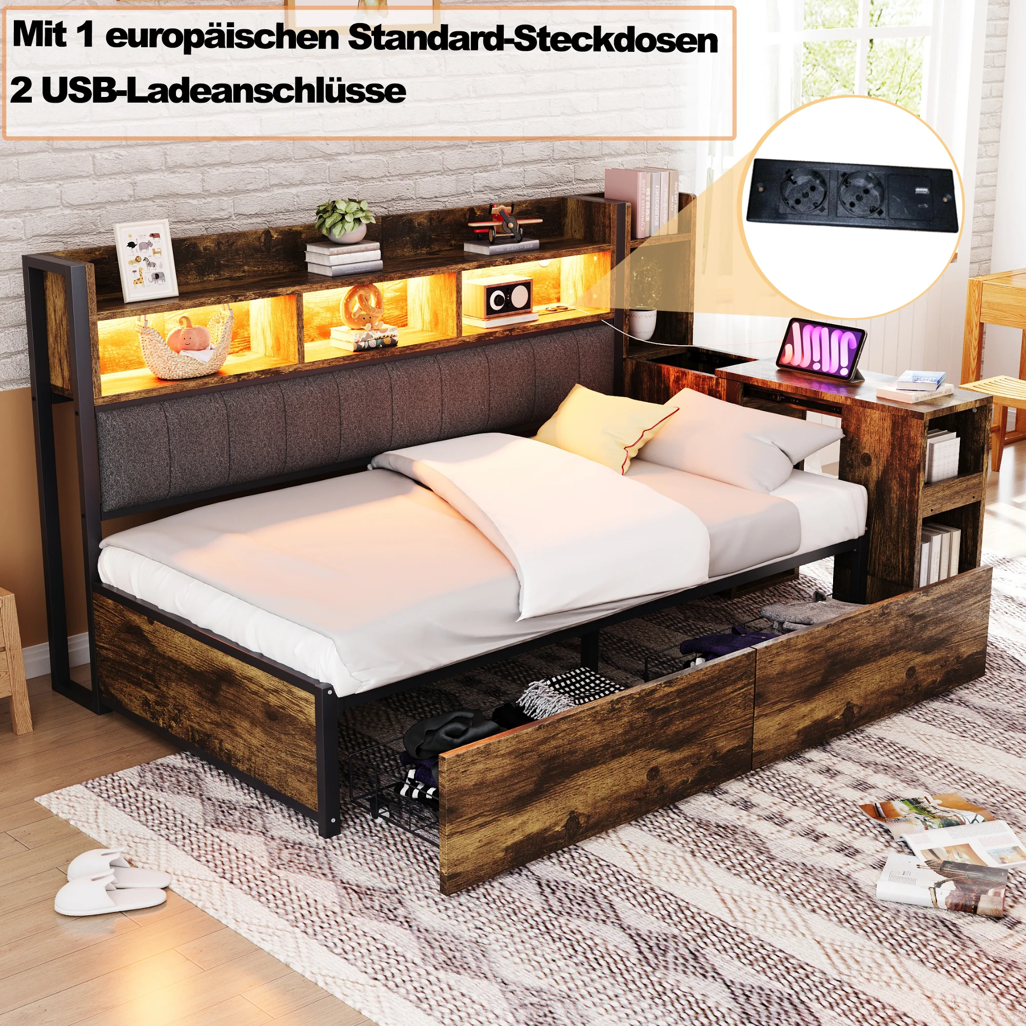 Single Bed with Movable Desk, Storage Drawers and Integrated Outlets, Metal - Image 6