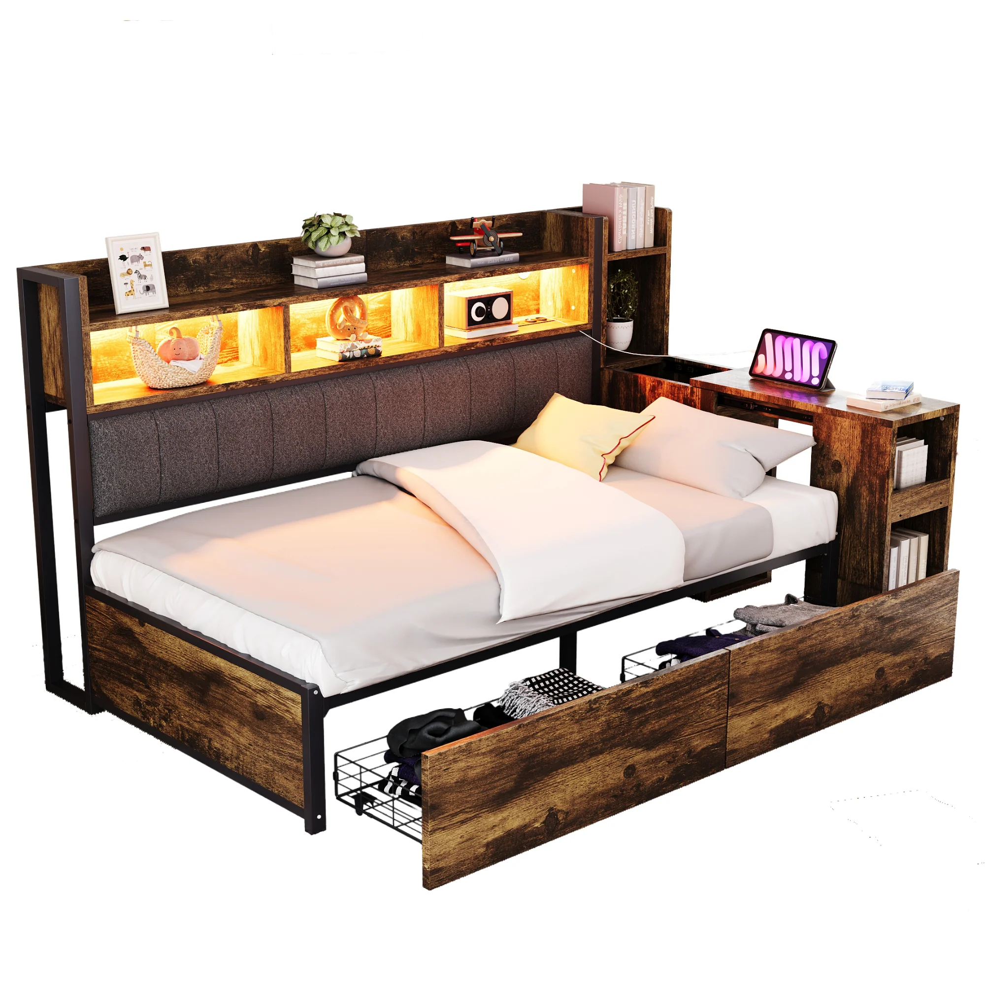 Single Bed with Movable Desk, Storage Drawers and Integrated Outlets, Metal - Image 7