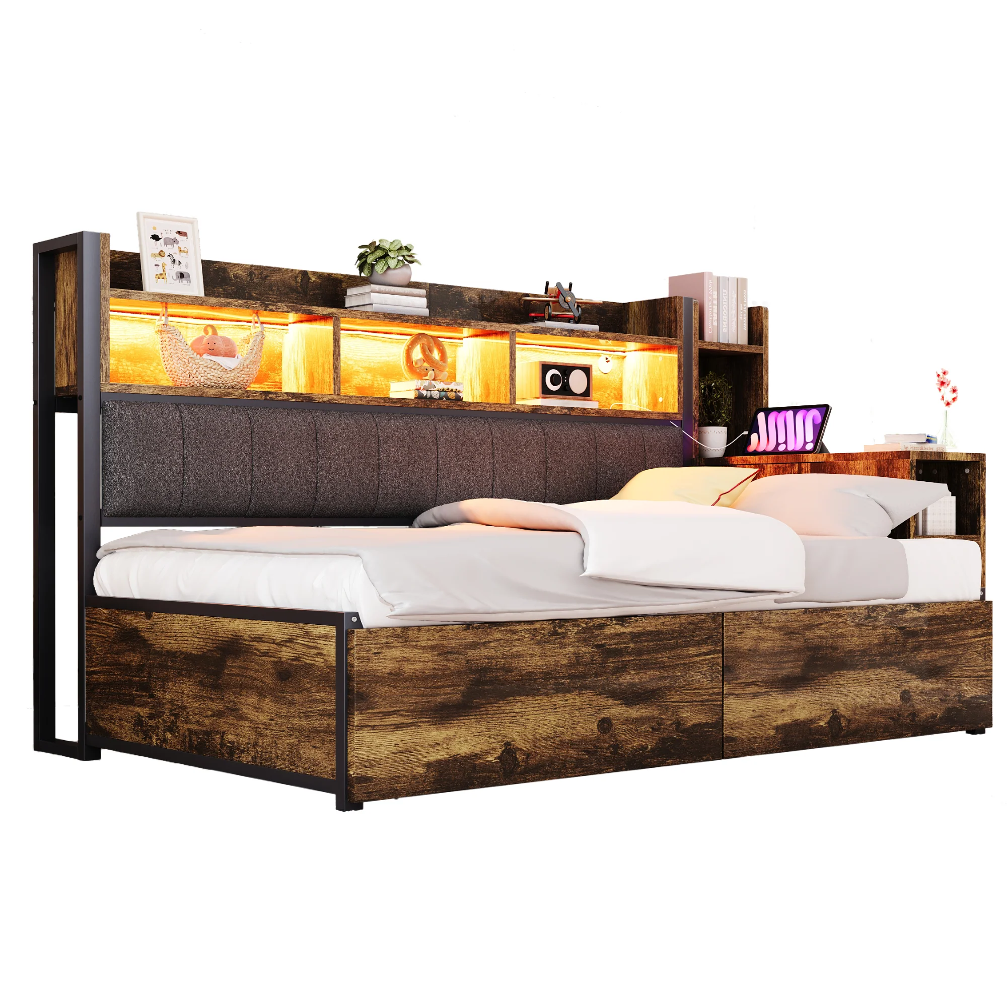 Single Bed with Movable Desk, Storage Drawers and Integrated Outlets, Metal - Image 8