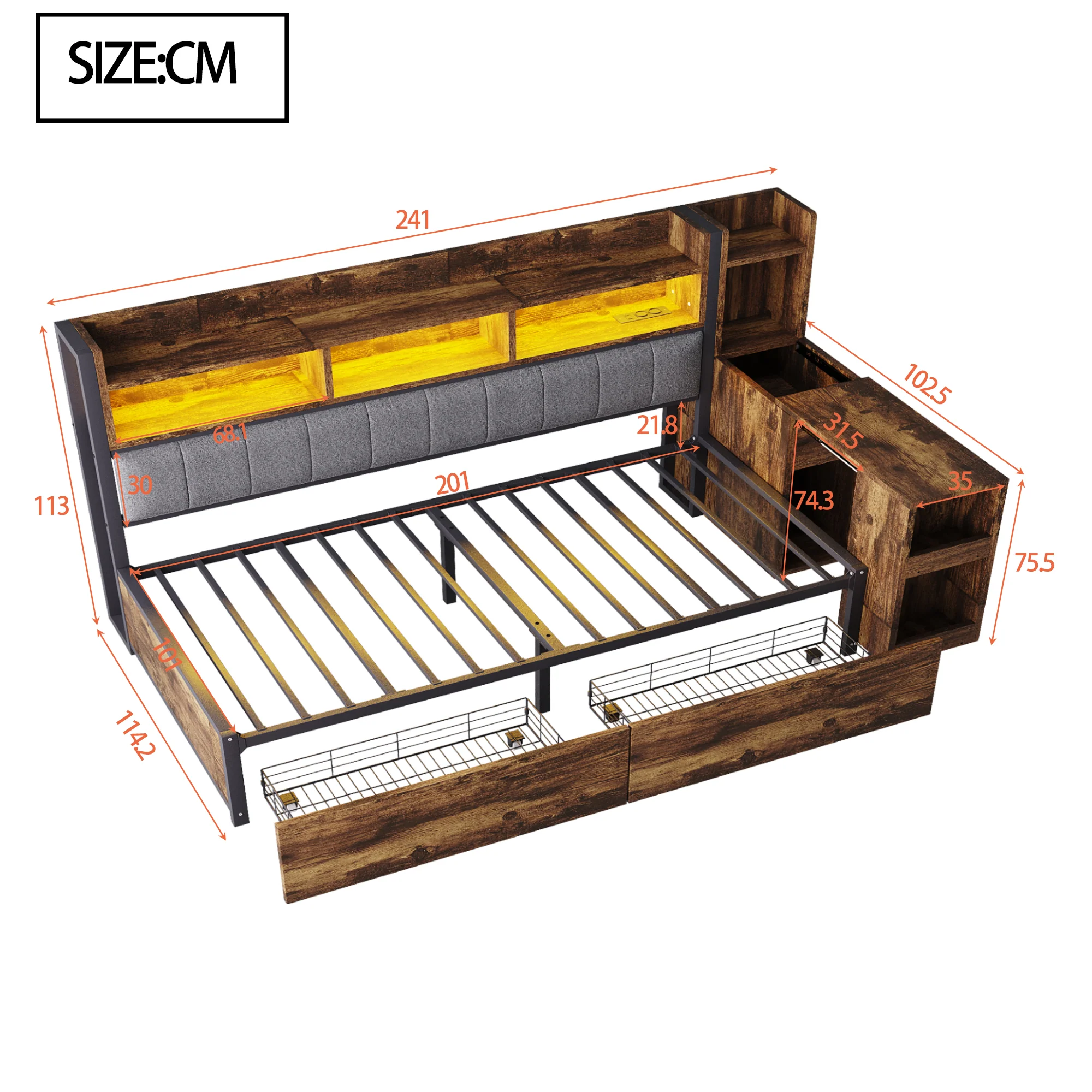 Single Bed with Movable Desk, Storage Drawers and Integrated Outlets, Metal - Image 9