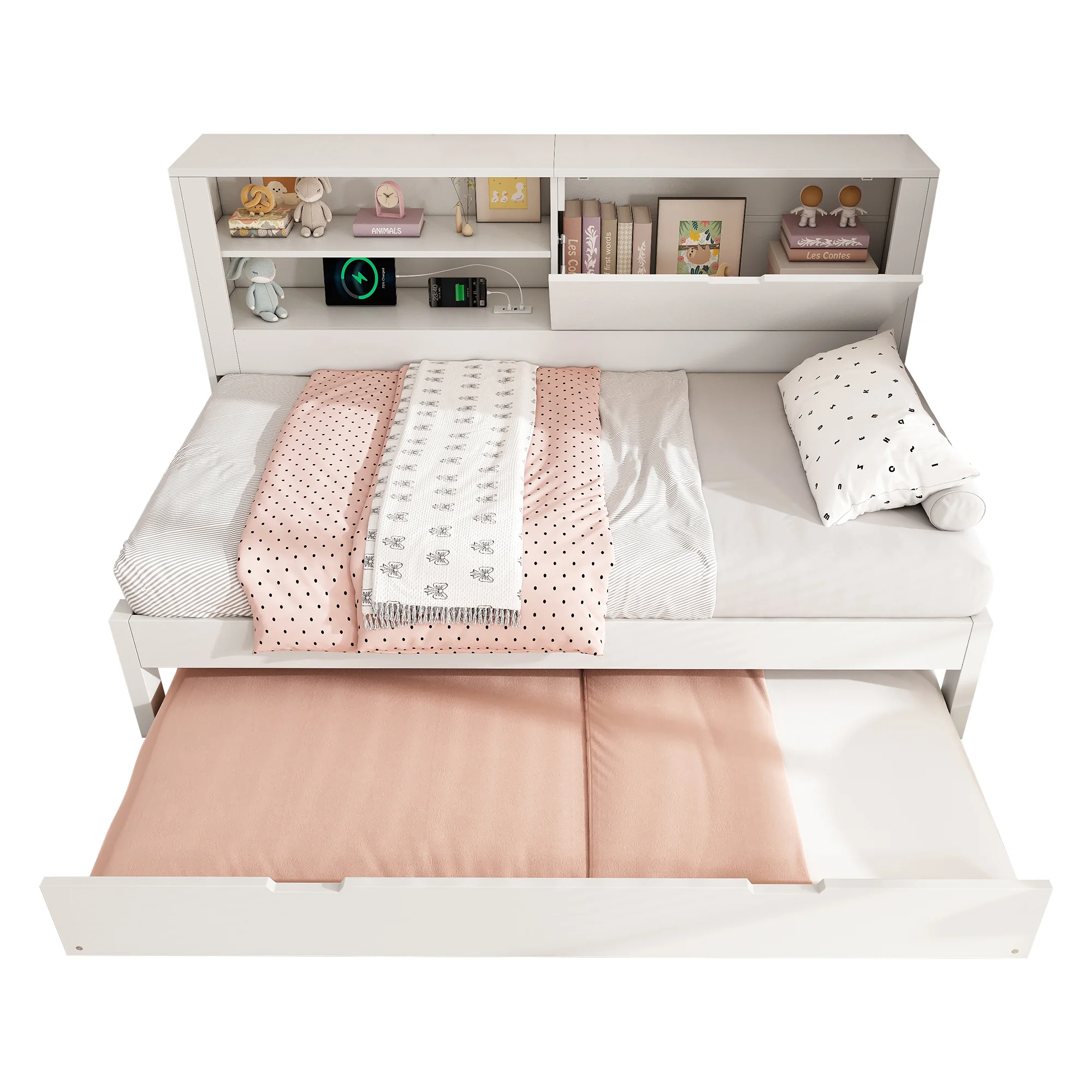 Single Sofa Bed 90x200cm Pull-Out Bed 90x190 Storage USB/USB-C Charging - White Wood - Image 4