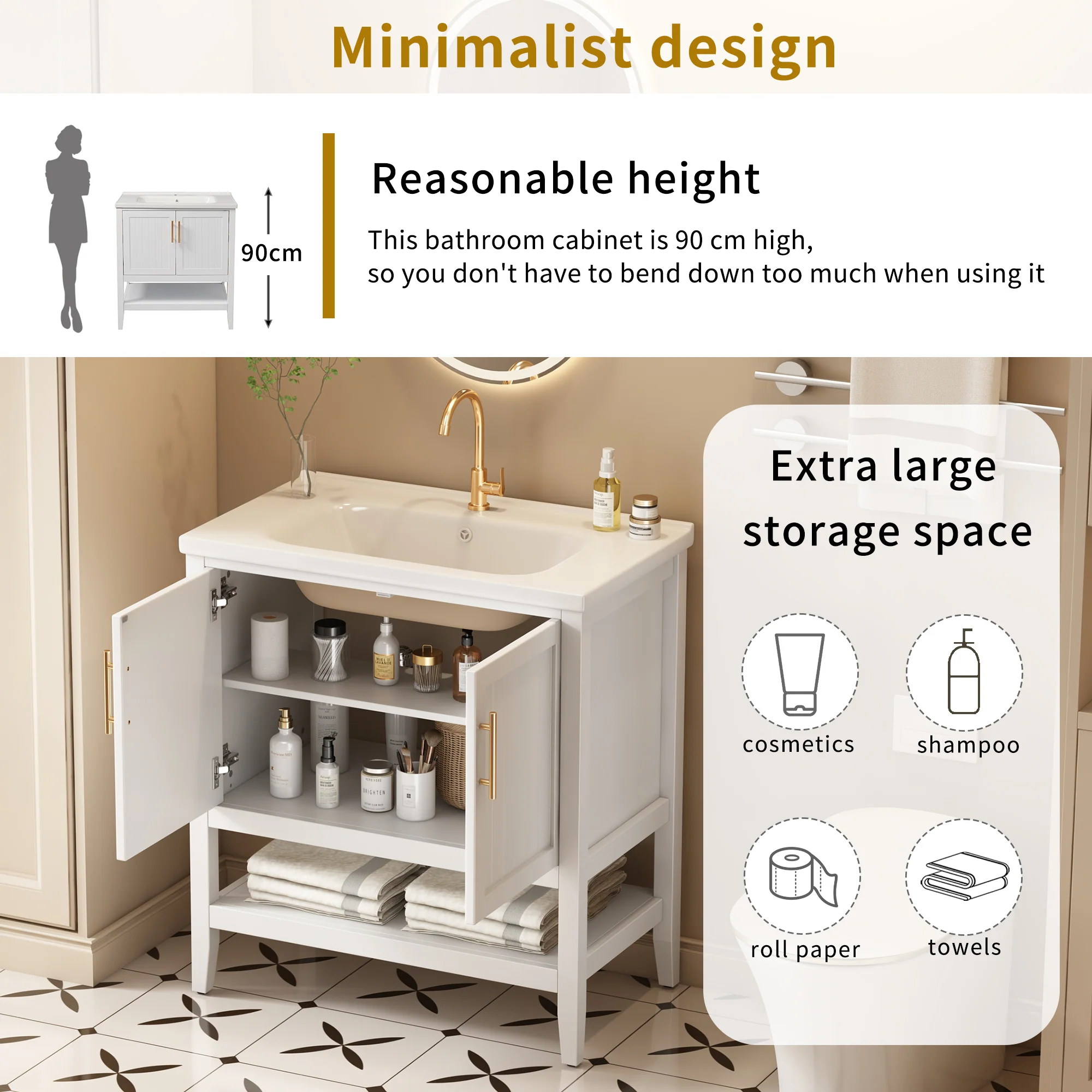 Single Vanity Unit 80cm Ceramic Washbasin - White - Image 10