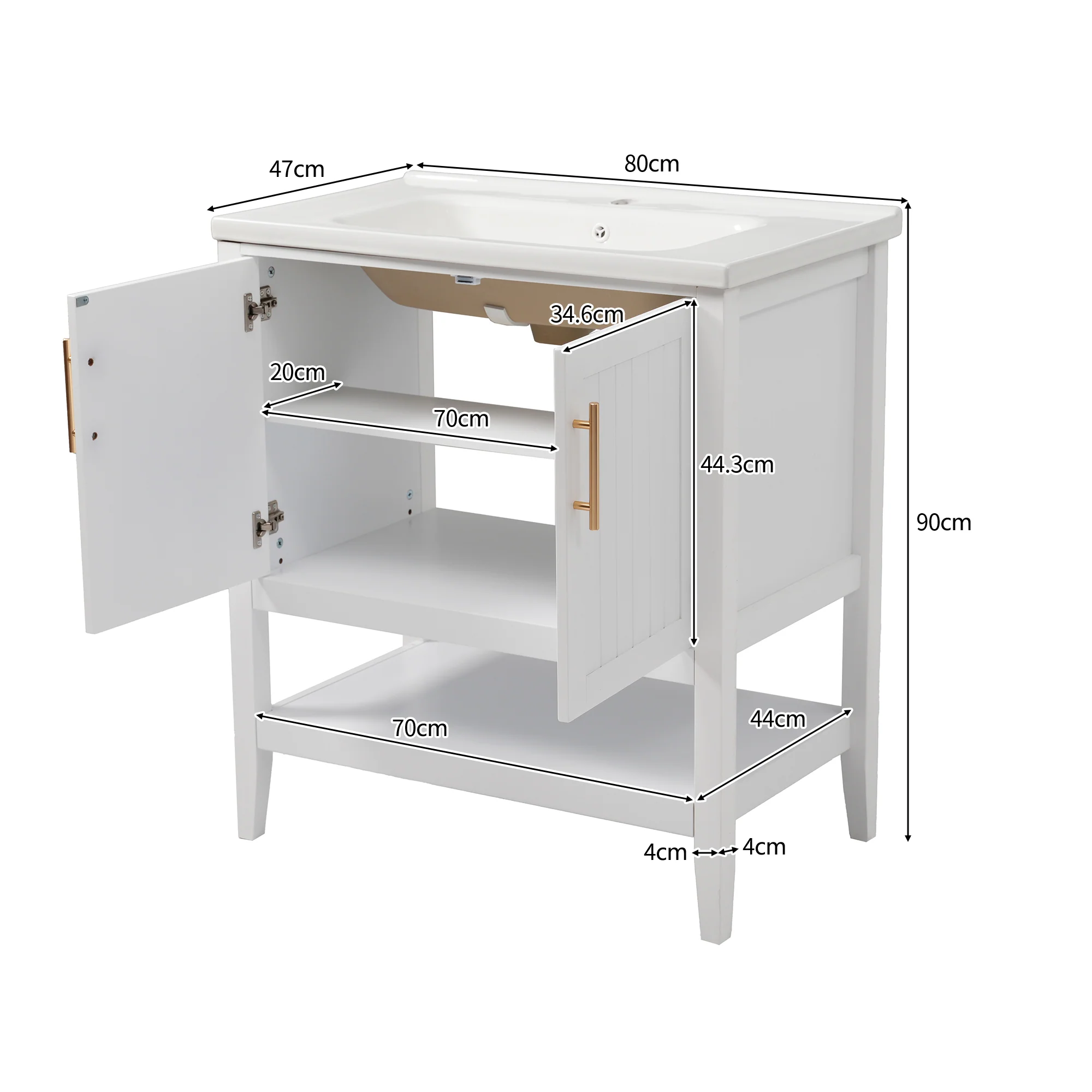 Single Vanity Unit 80cm Ceramic Washbasin - White - Image 2
