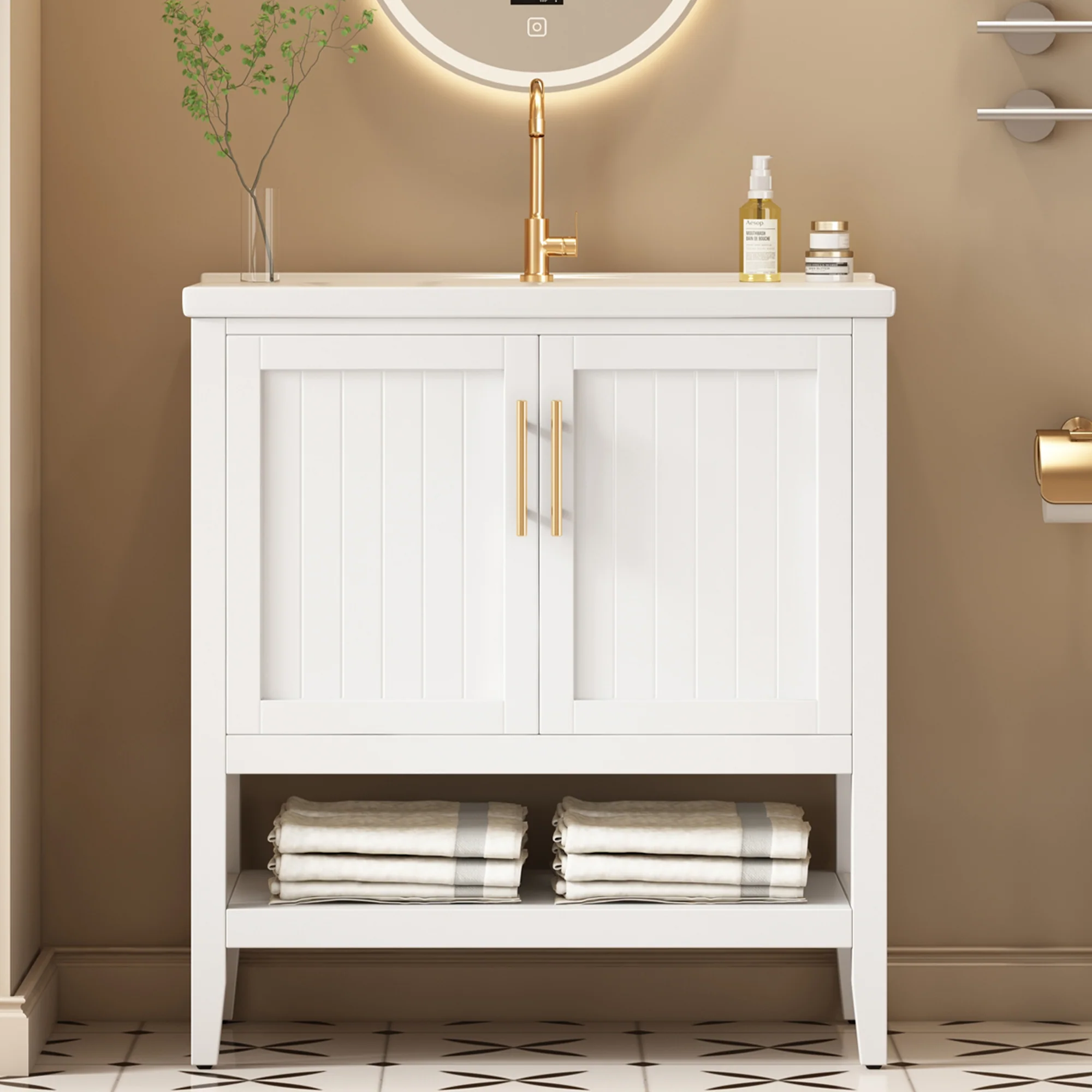 Single Vanity Unit 80cm Ceramic Washbasin - White - Image 3
