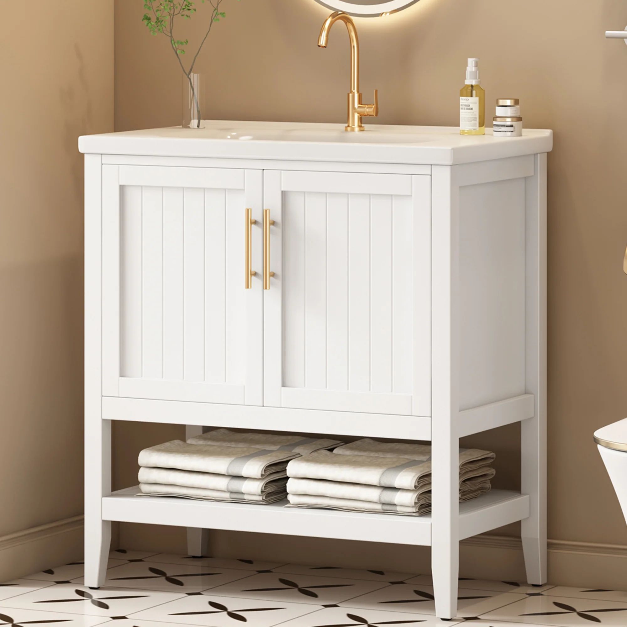 Single Vanity Unit 80cm Ceramic Washbasin - White - Image 4