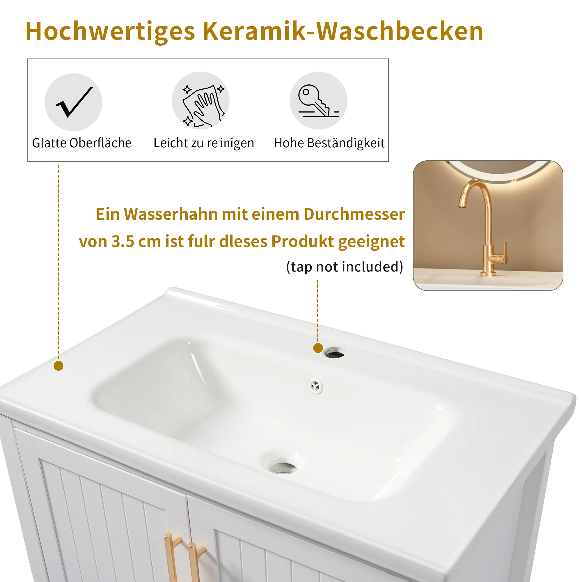 Single Vanity Unit 80cm Ceramic Washbasin - White - Image 5