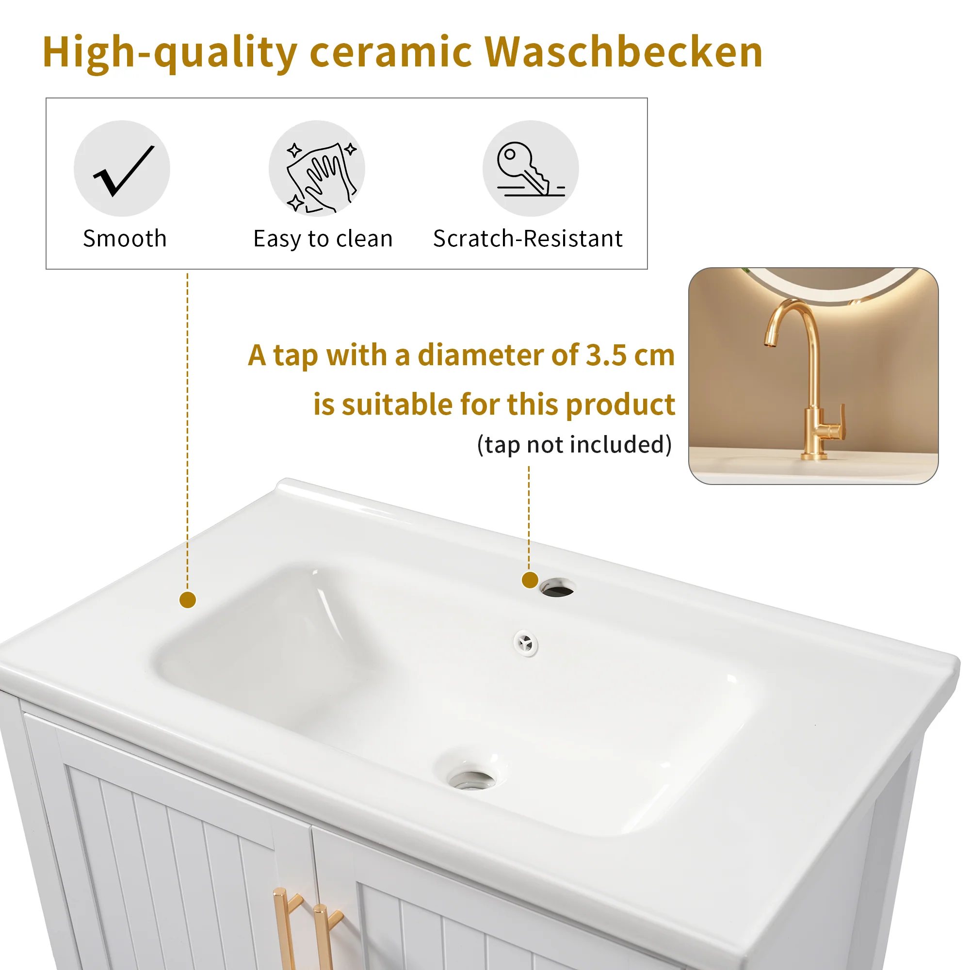 Single Vanity Unit 80cm Ceramic Washbasin - White - Image 6
